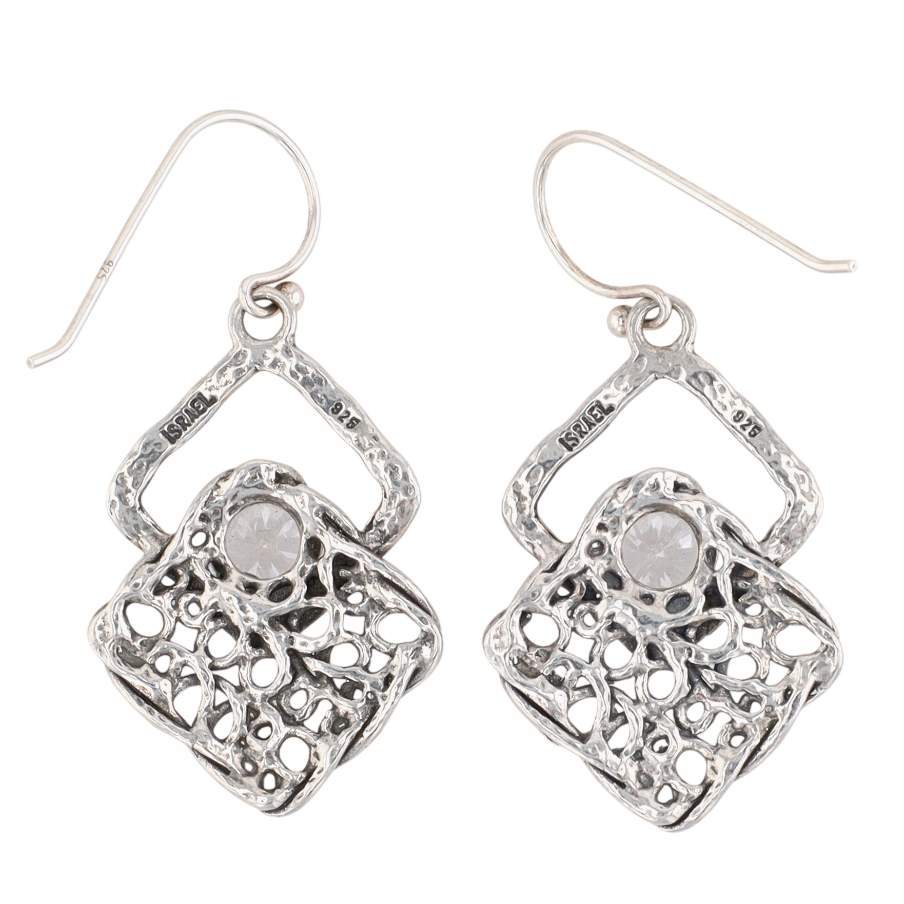Israel Sterling Silver CZ Double Square Dangle Earrings