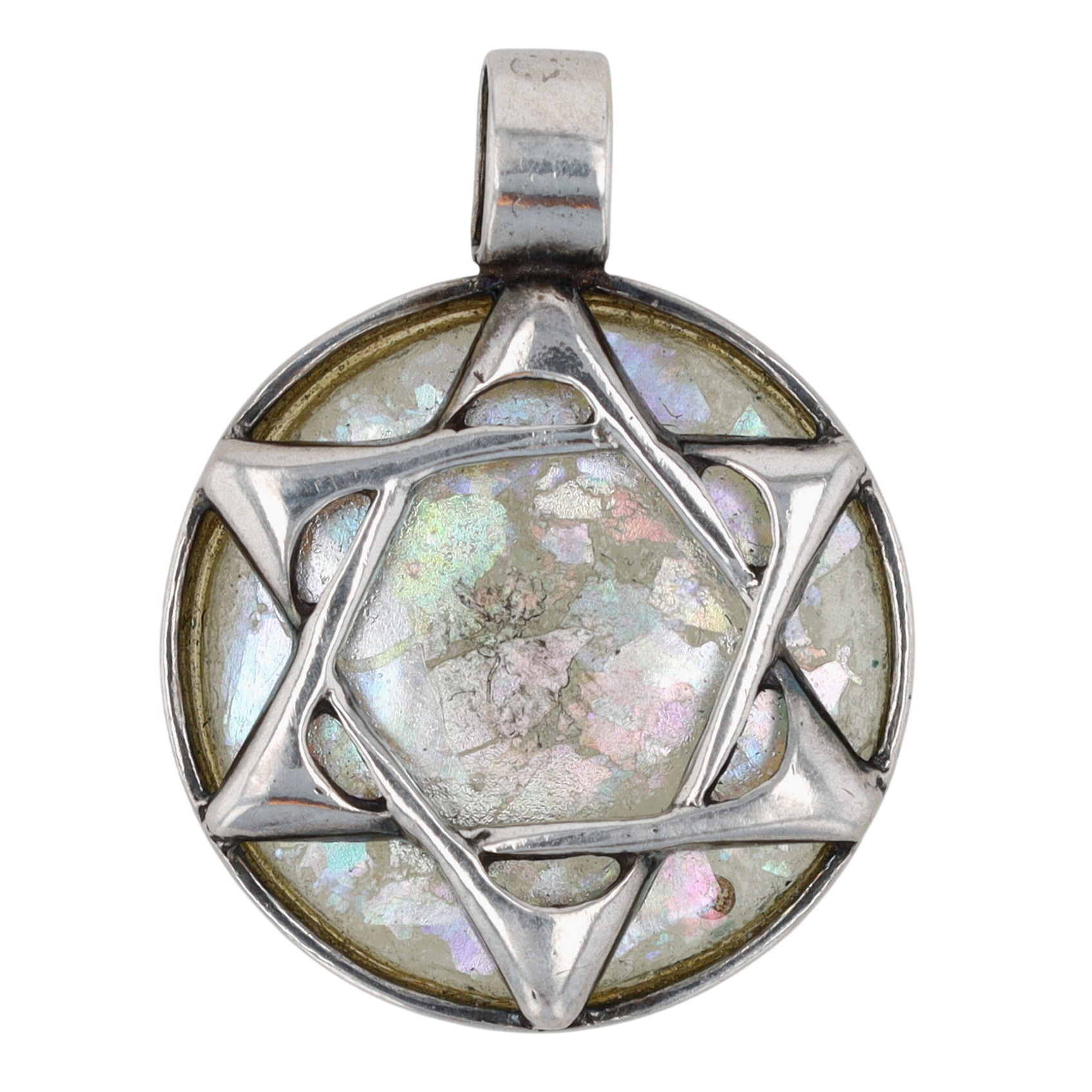 Signed Sterling Silver Roman Glass Star of David Pendant