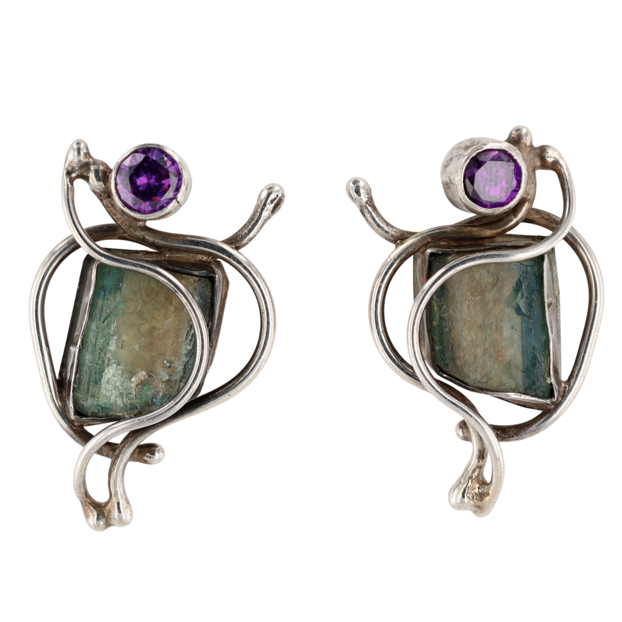 Signed Sterling Silver Amethyst Roman Glass Organic Line Stud Earrings