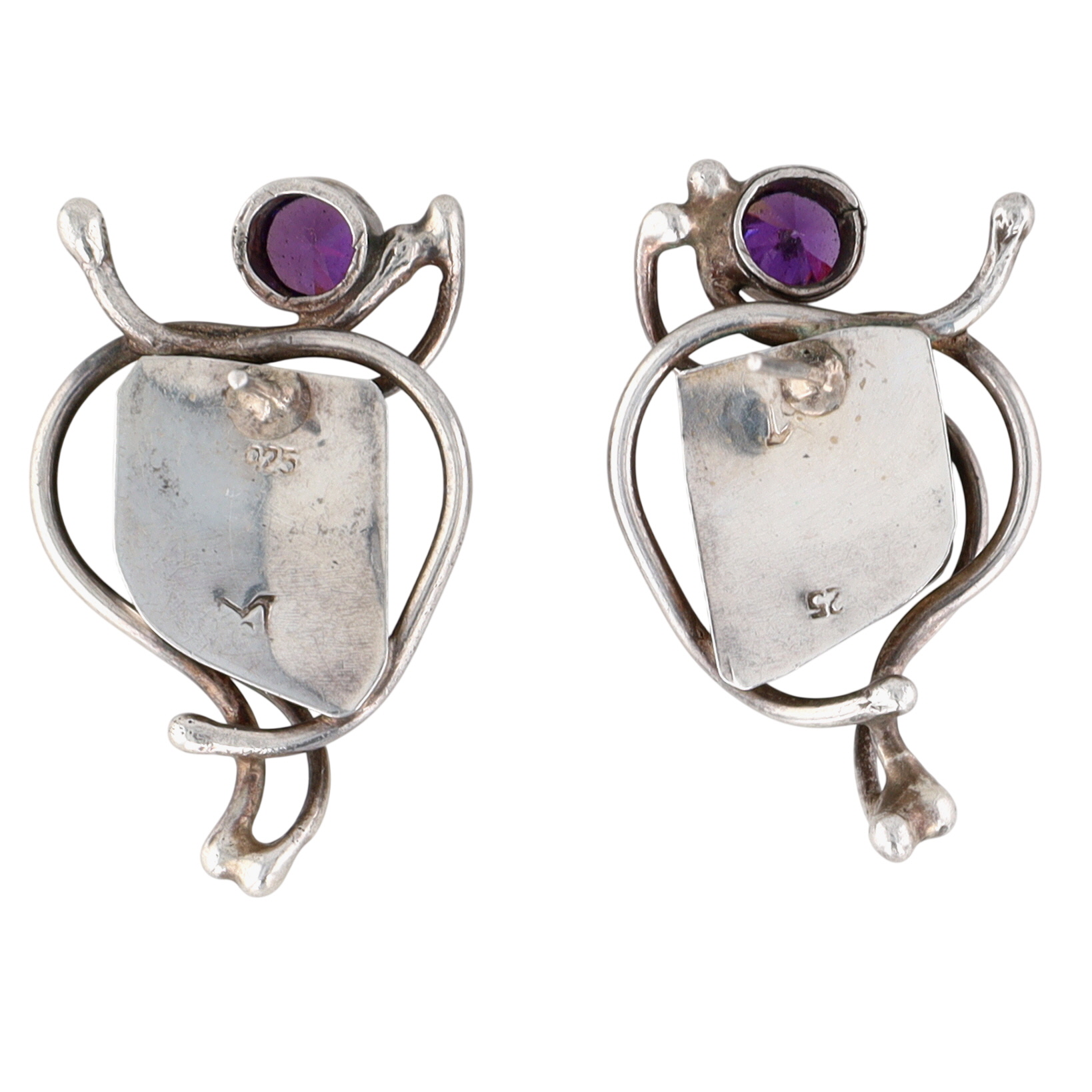Signed Sterling Silver Amethyst Roman Glass Organic Line Stud Earrings