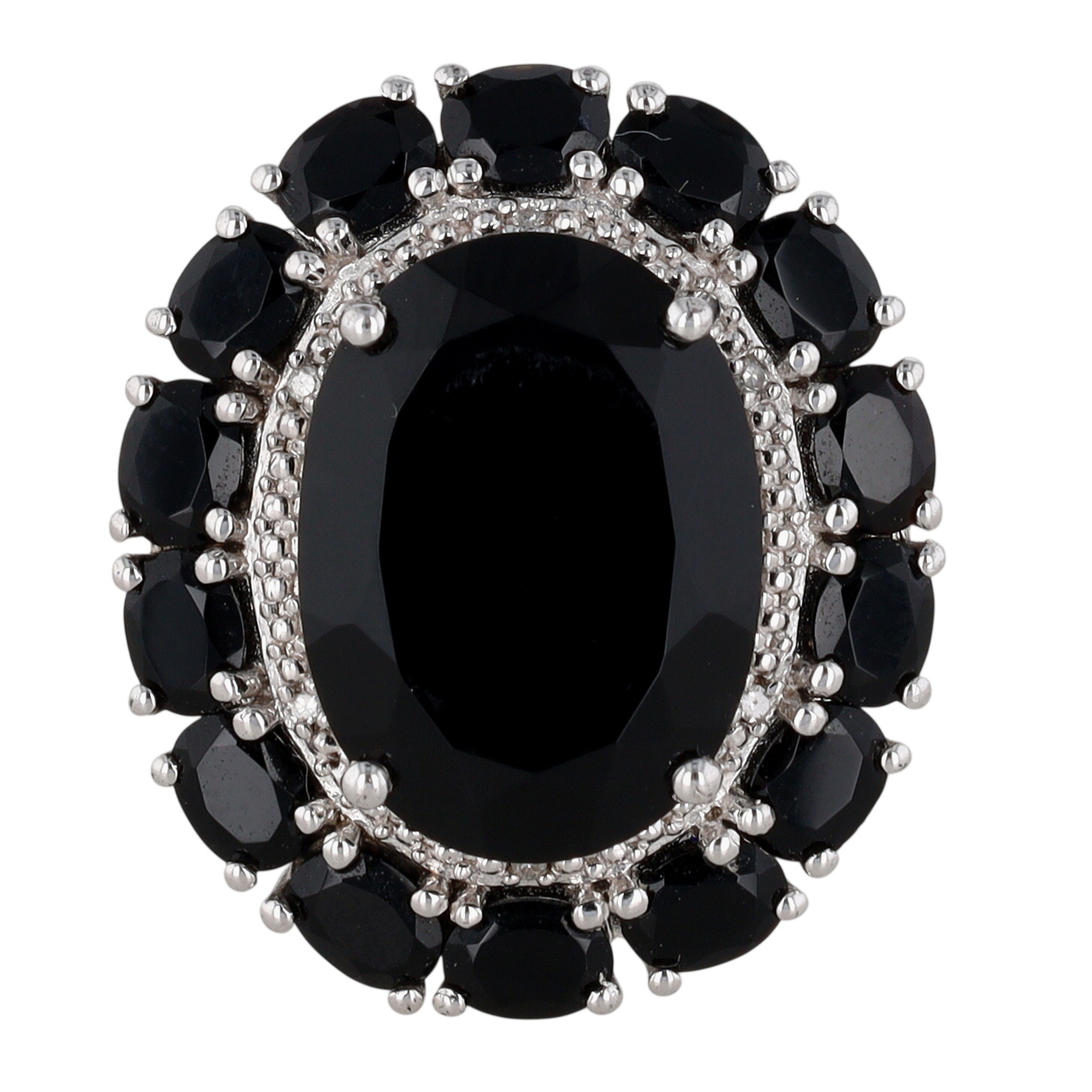 Signed Sterling Silver Diamond Black Tourmaline Oval Halo Ring Size 7