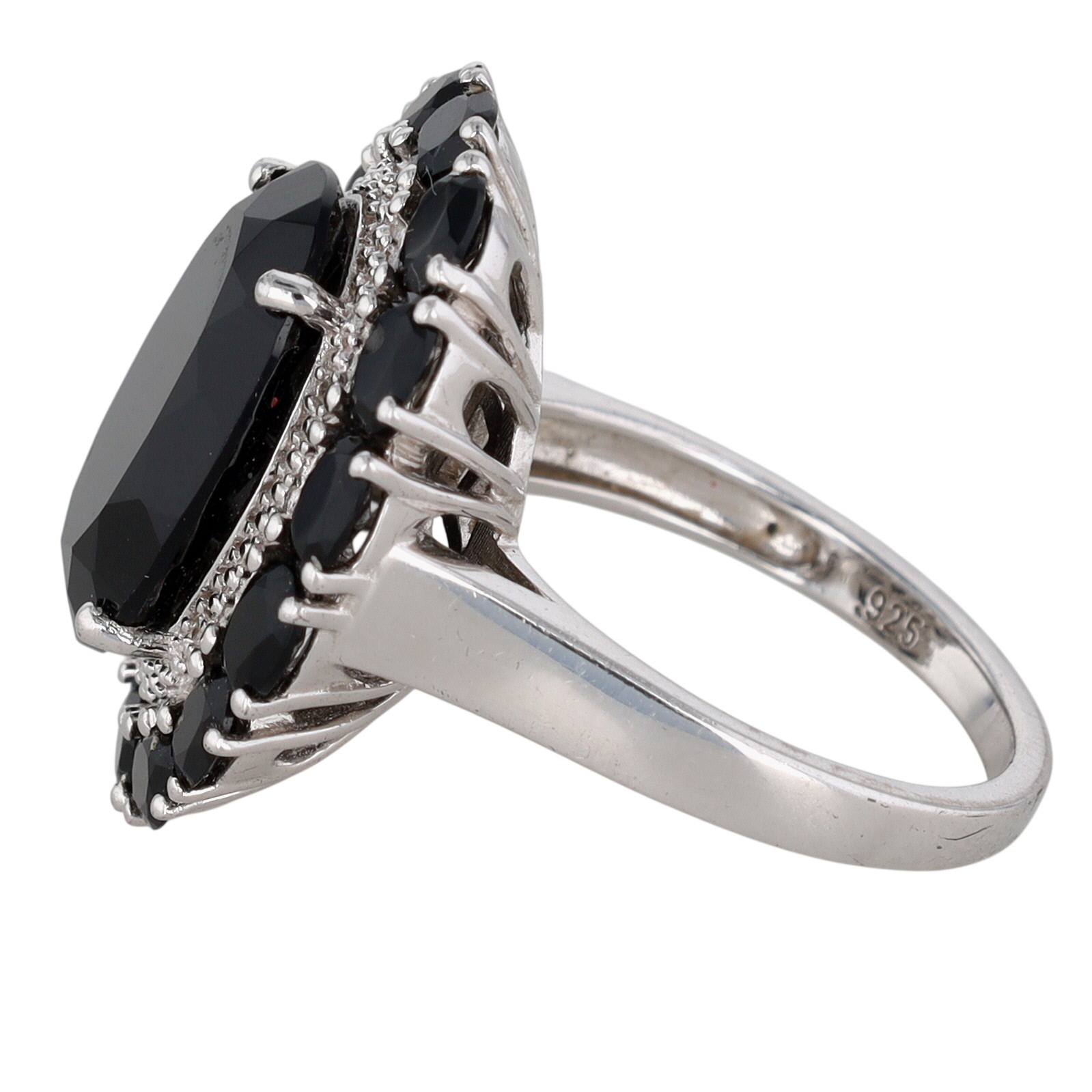 Signed Sterling Silver Diamond Black Tourmaline Oval Halo Ring Size 7