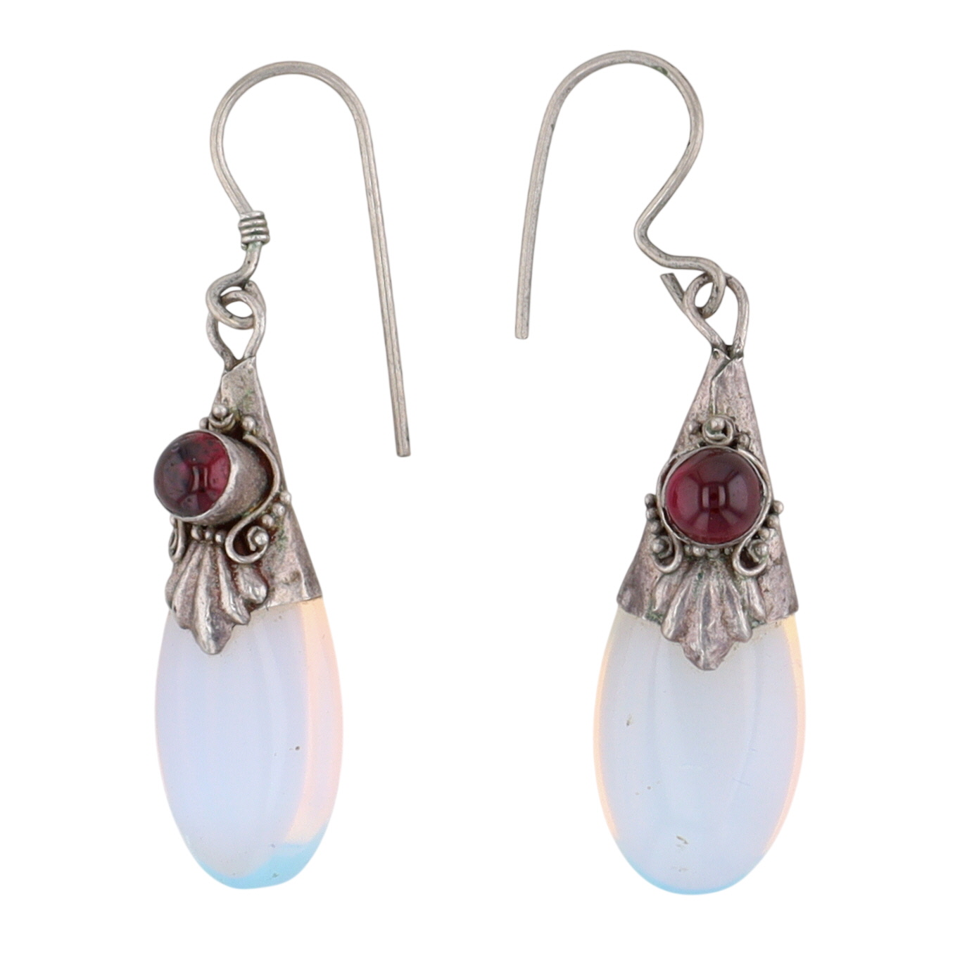 Sterling Silver Garnet Moonstone Bali Style Dangle Earrings