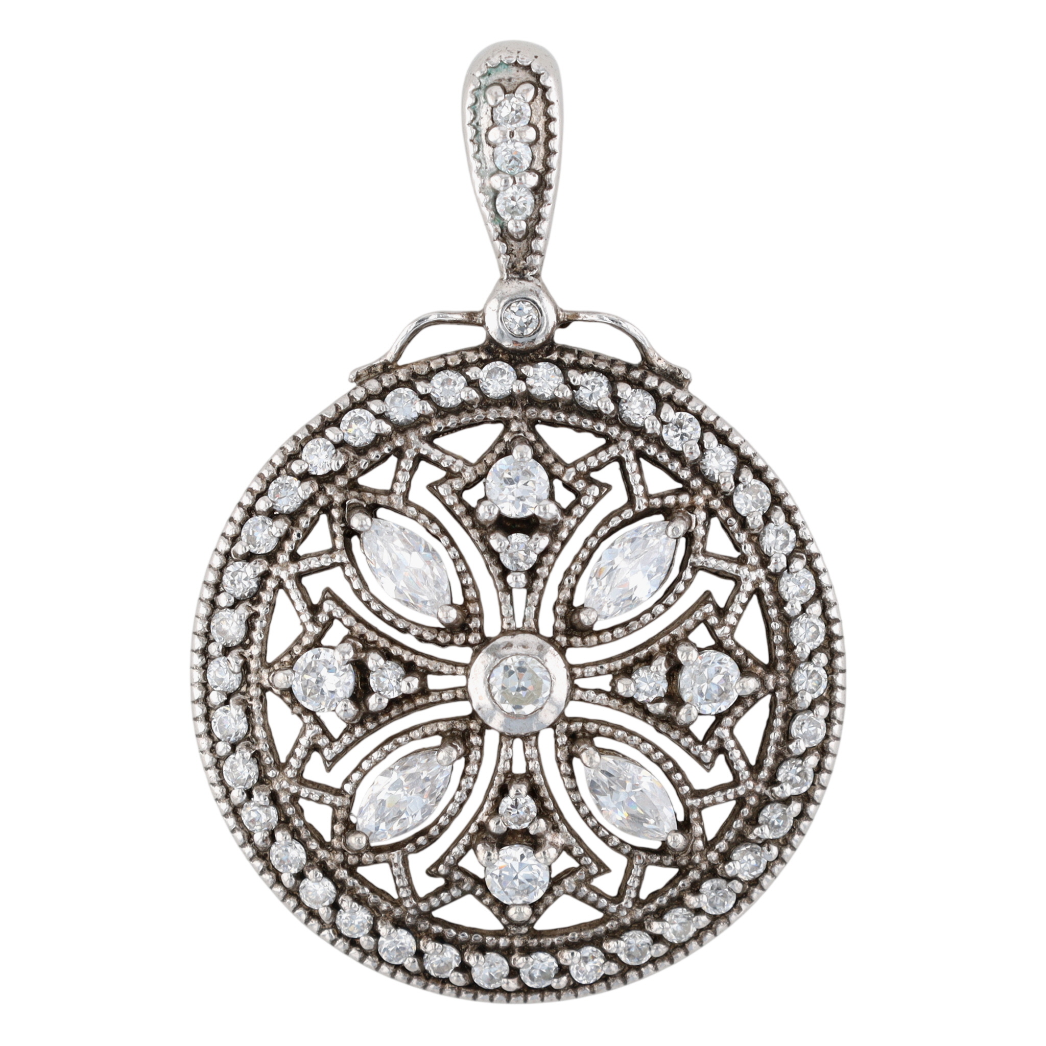Signed Sterling Silver CZ Open Work Floral Pendant