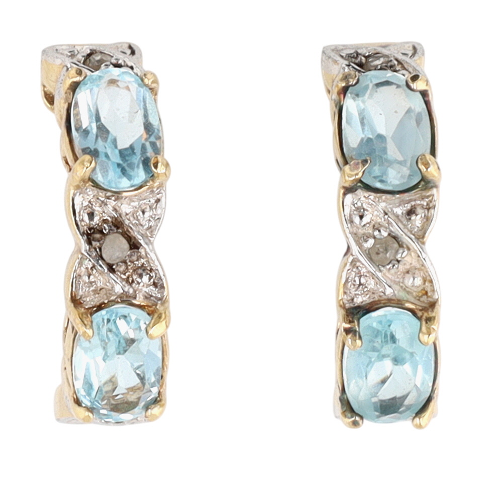 Signed Gold Over Sterling Silver Diamond Blue Topaz Huggie Stud Earrings