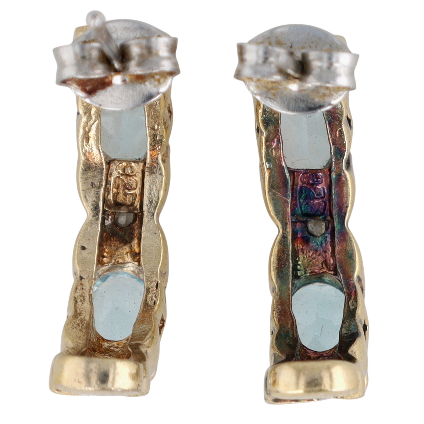 Signed Gold Over Sterling Silver Diamond Blue Topaz Huggie Stud Earrings