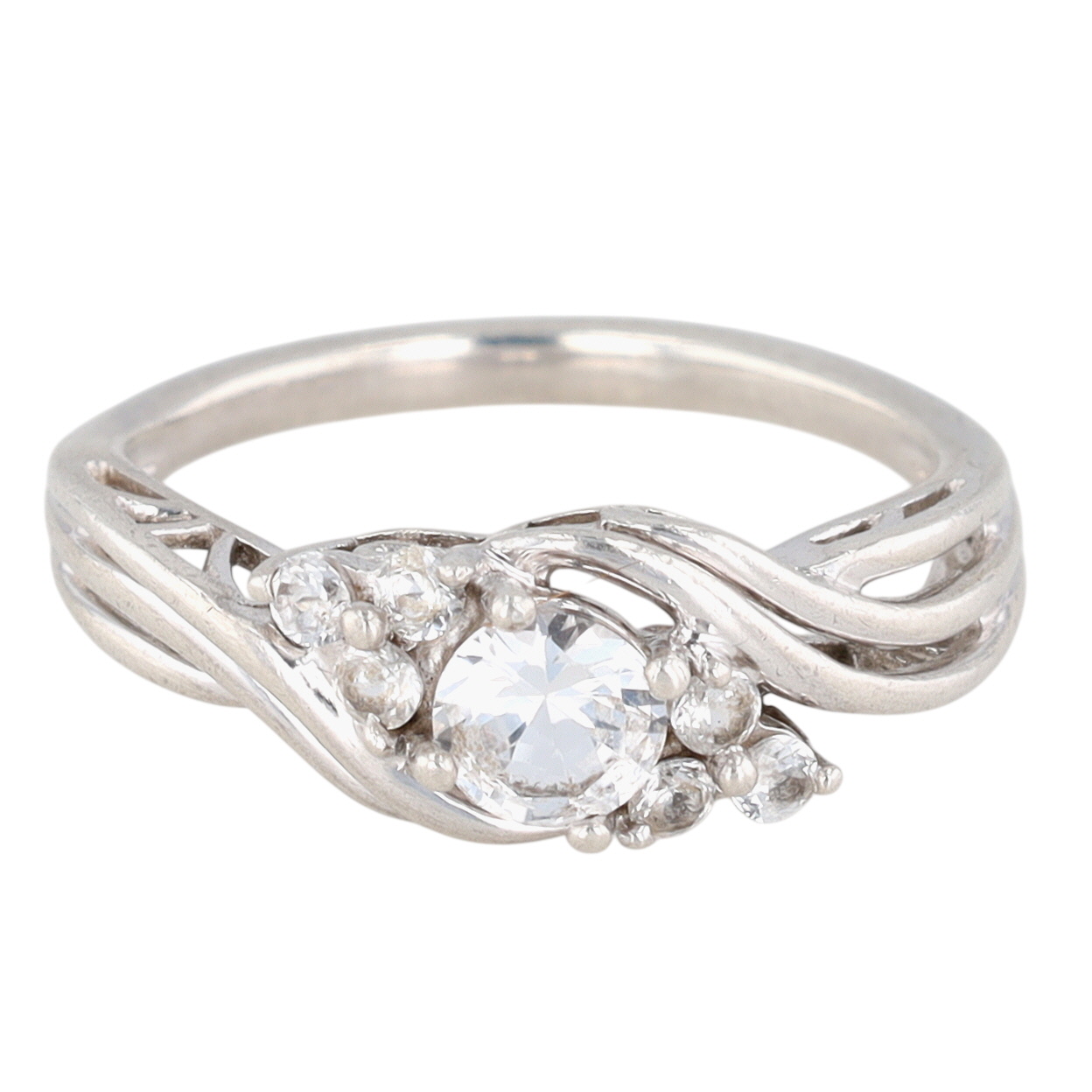 Signed Sterling Silver White Sapphire Cluster Crossover Ring Size 6.5