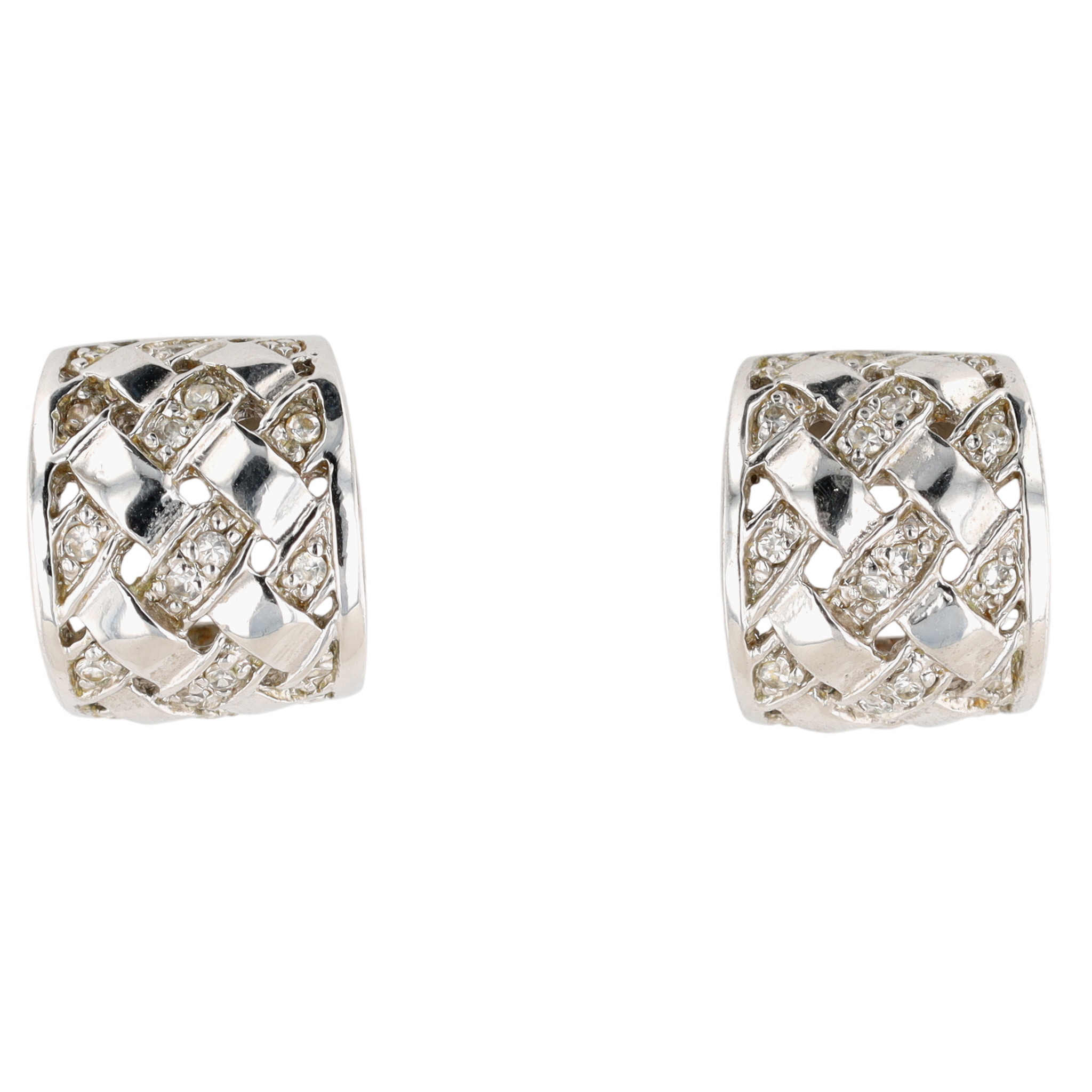 Signed Sterling Silver Diamond Woven Huggie Stud Earrings