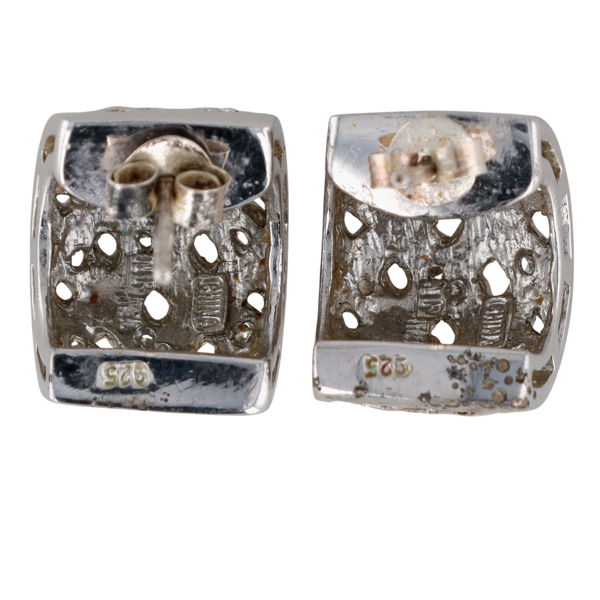 Signed Sterling Silver Diamond Woven Huggie Stud Earrings