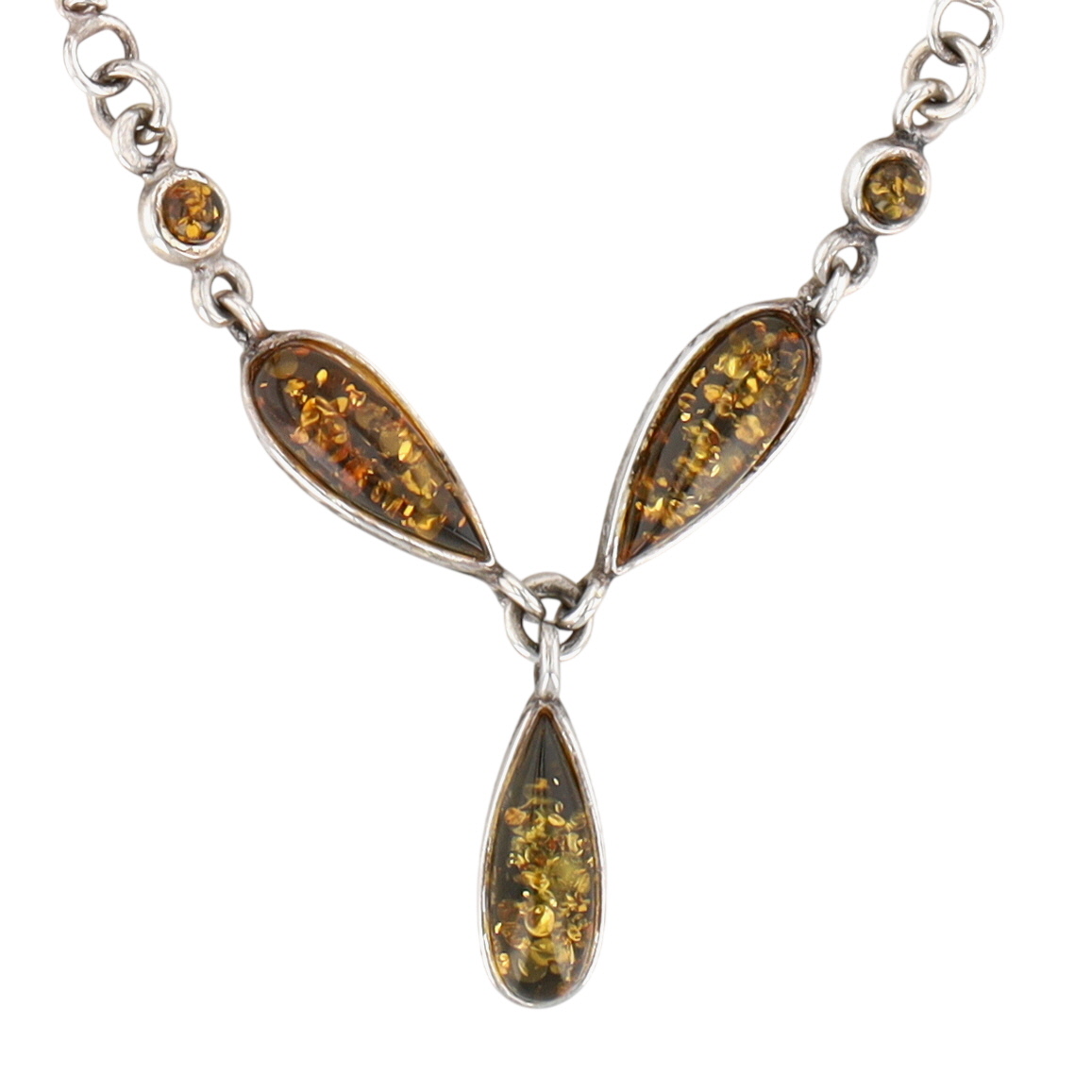 Sterling Silver Green Amber Triple Drop Y Necklace