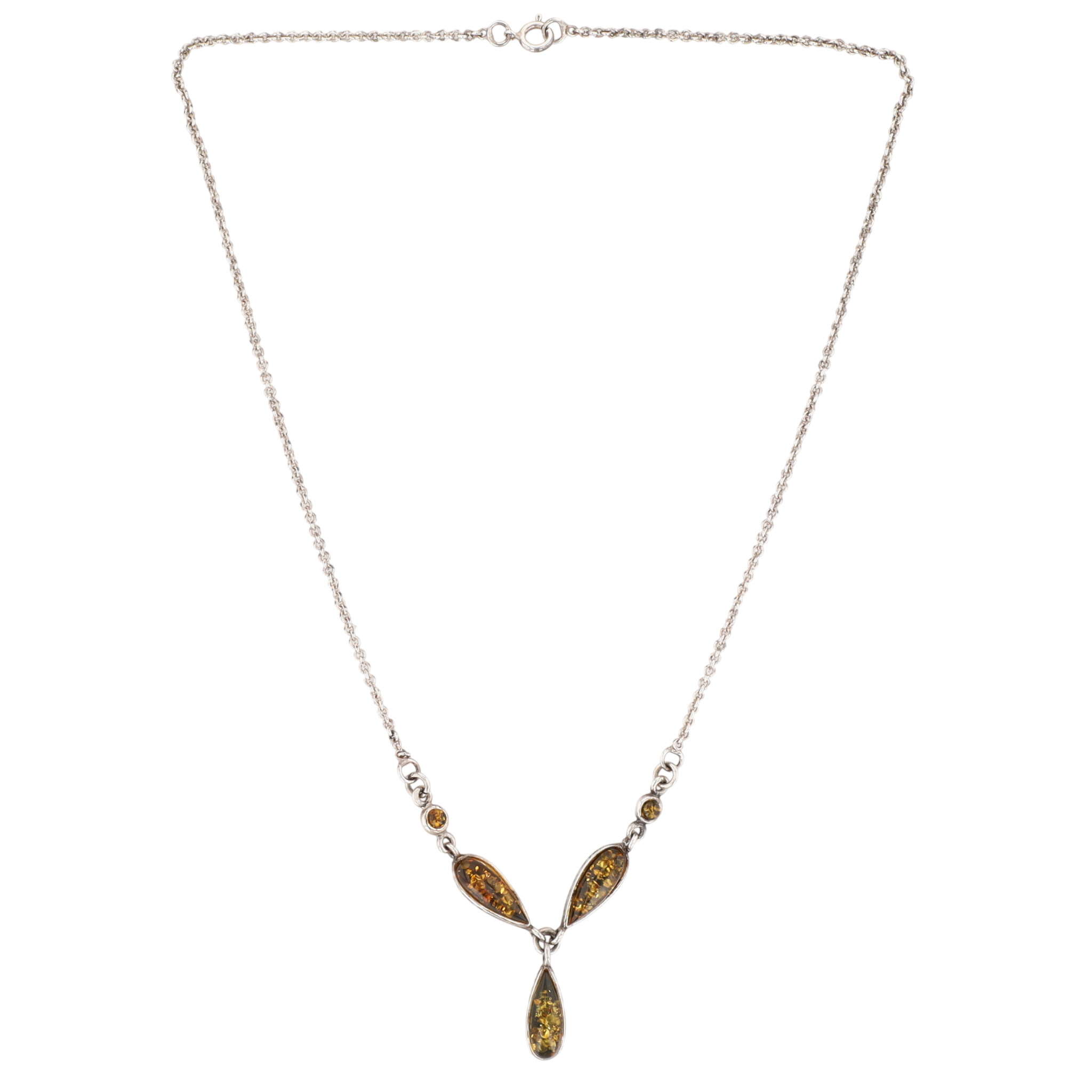 Sterling Silver Green Amber Triple Drop Y Necklace