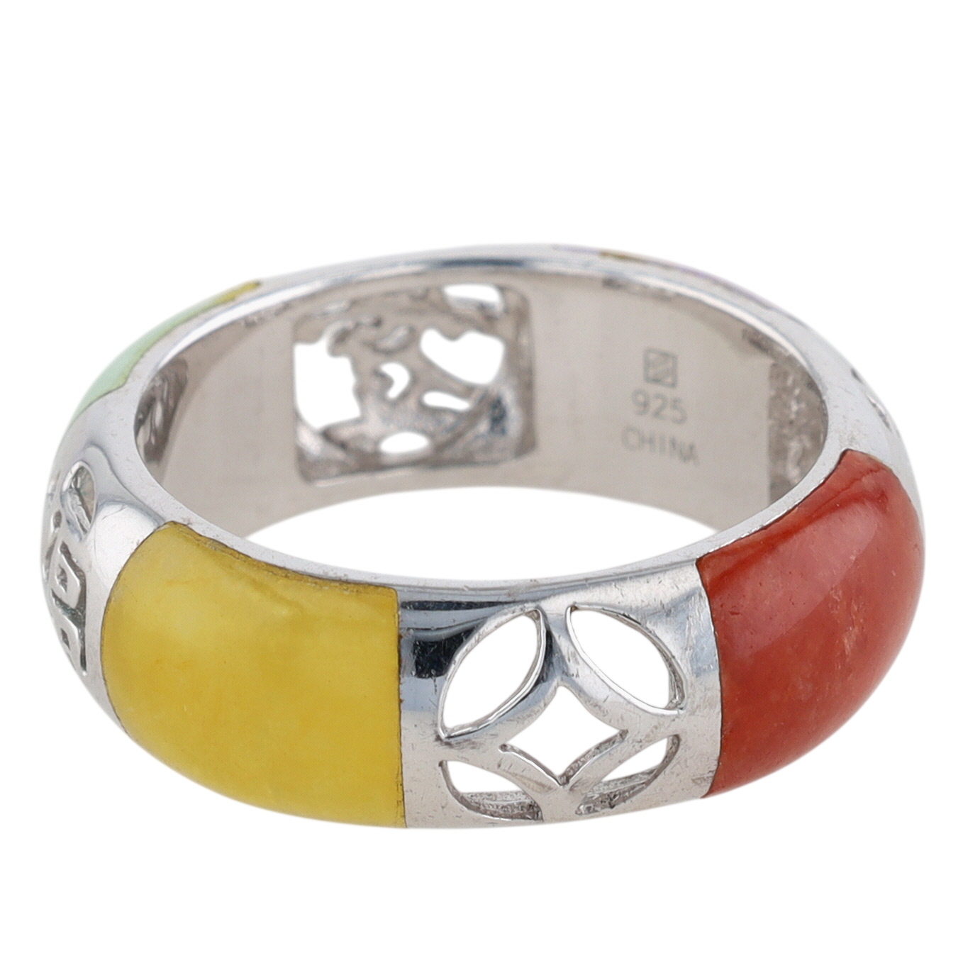 Signed Sterling Silver Multi Colored Jadeite Chinese Character Band Ring Size 7