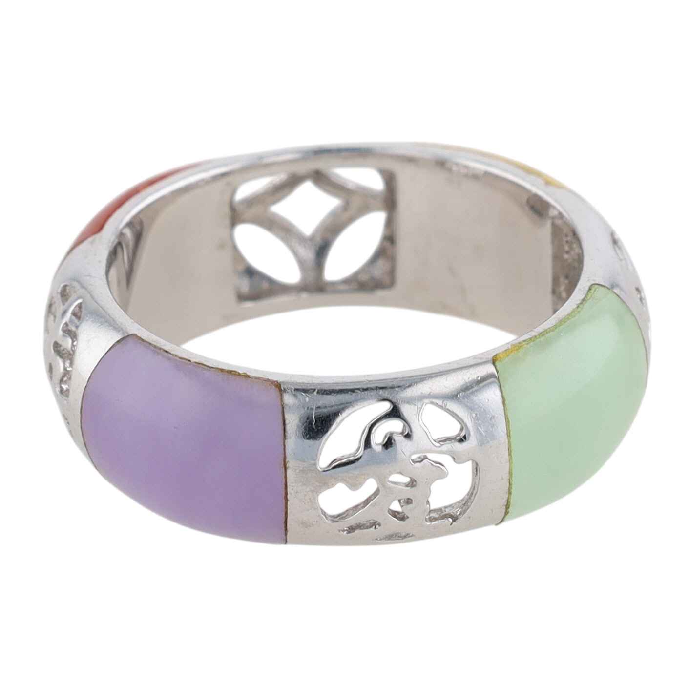 Signed Sterling Silver Multi Colored Jadeite Chinese Character Band Ring Size 7
