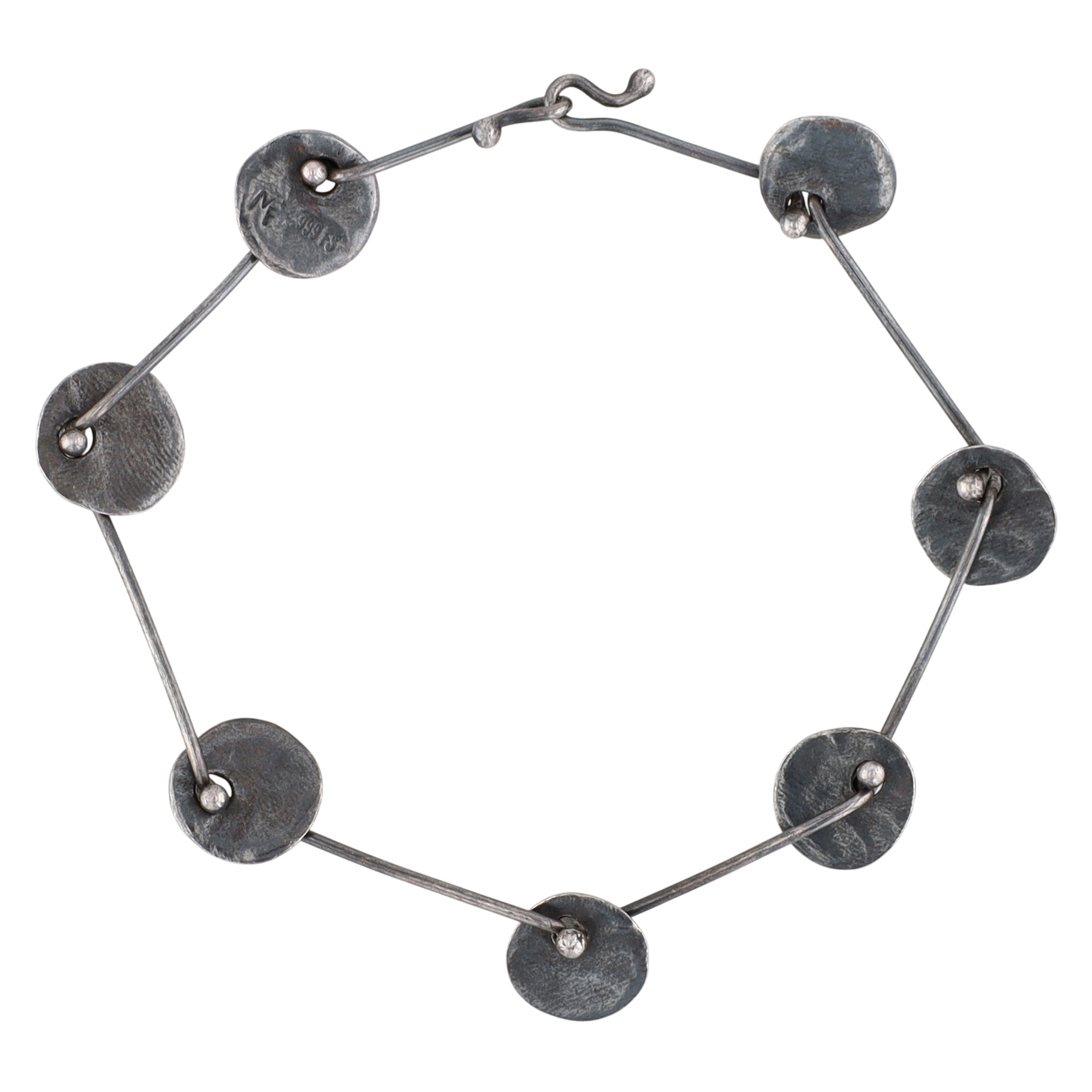 Signed Fine Silver Oxidized Modern Disc Link Bracelet