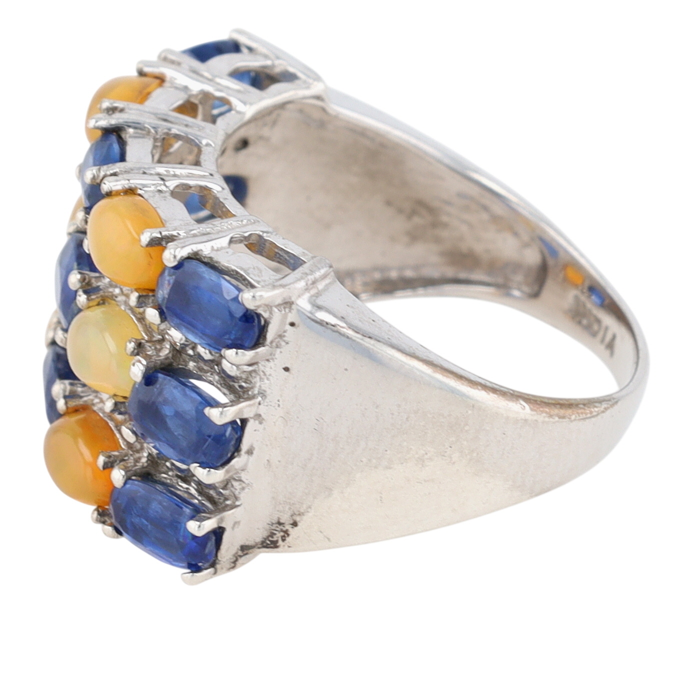 Sterling Silver Sapphire Opal Three Row Band Ring Size 7
