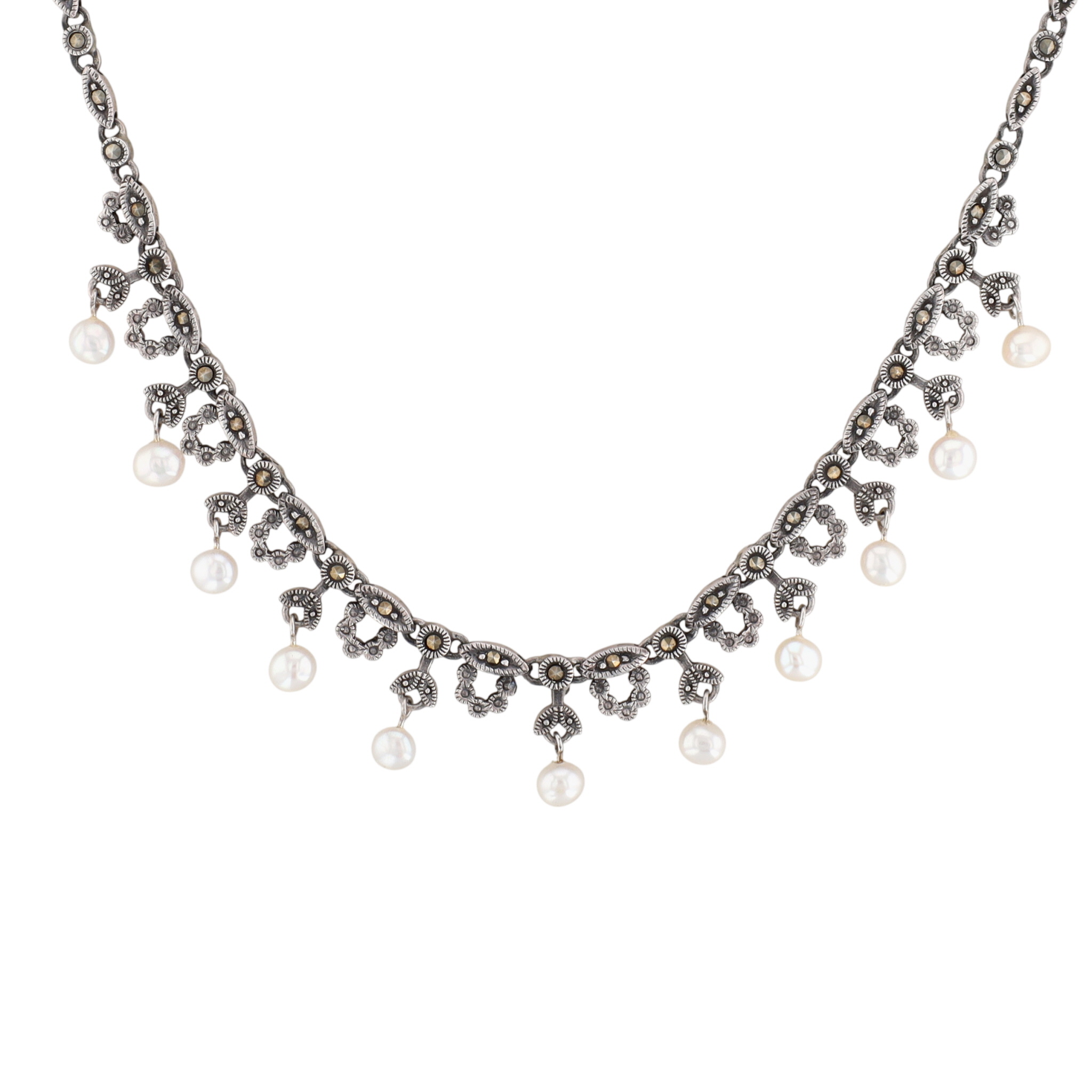 Sterling Silver Pearl Marcasite Link Floral Necklace