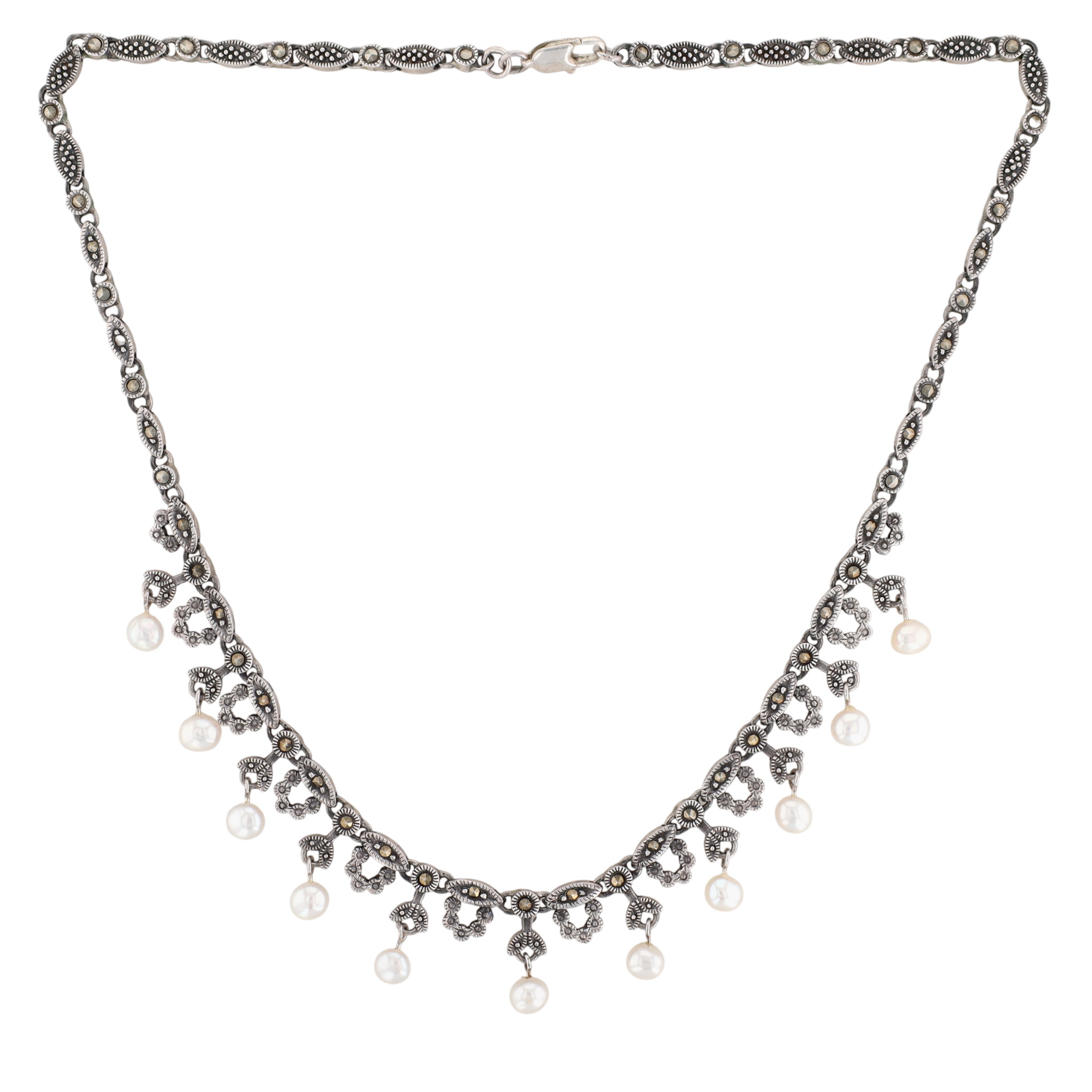 Sterling Silver Pearl Marcasite Link Floral Necklace