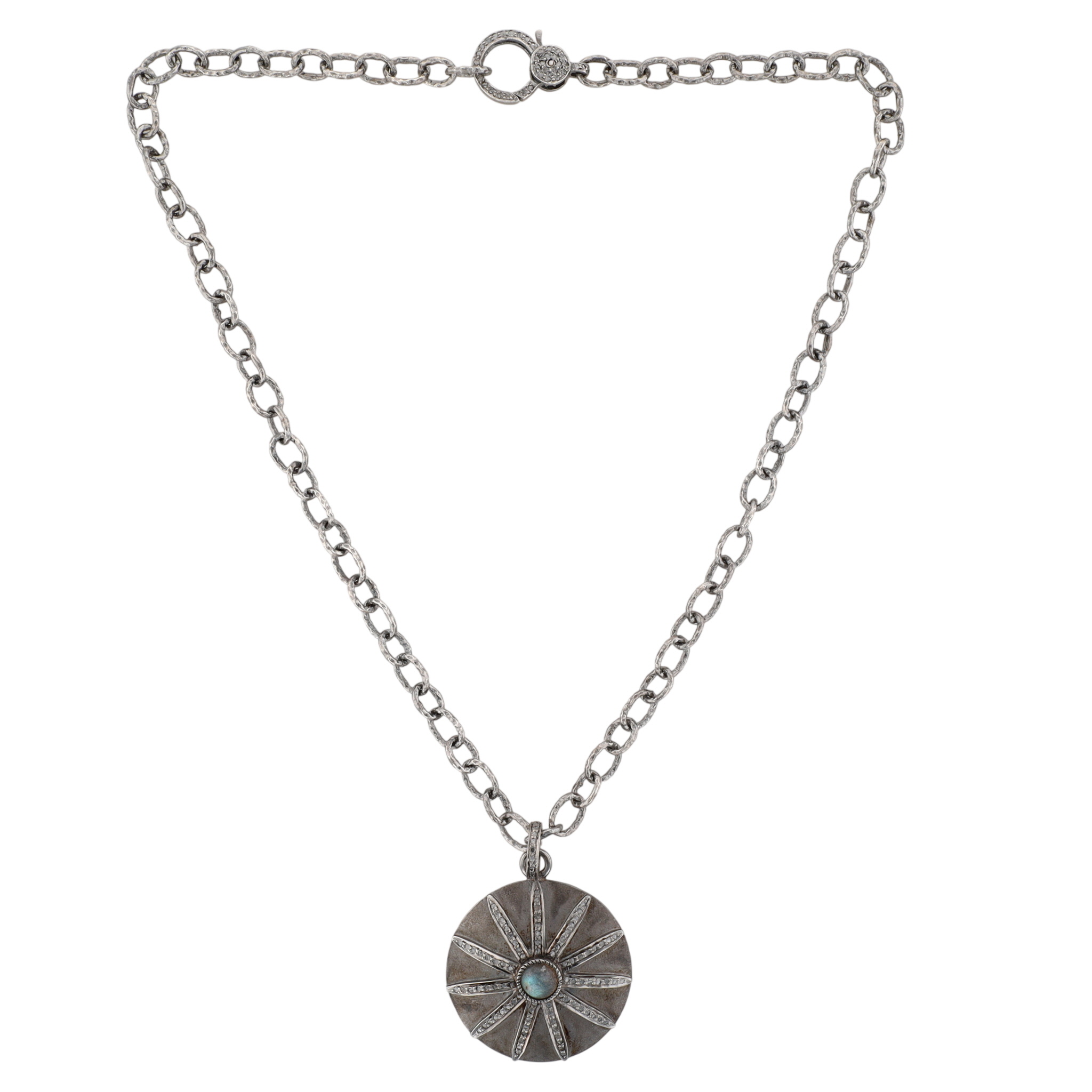 Sterling Silver Diamond Labradorite Floral Disc Textured Chain Necklace
