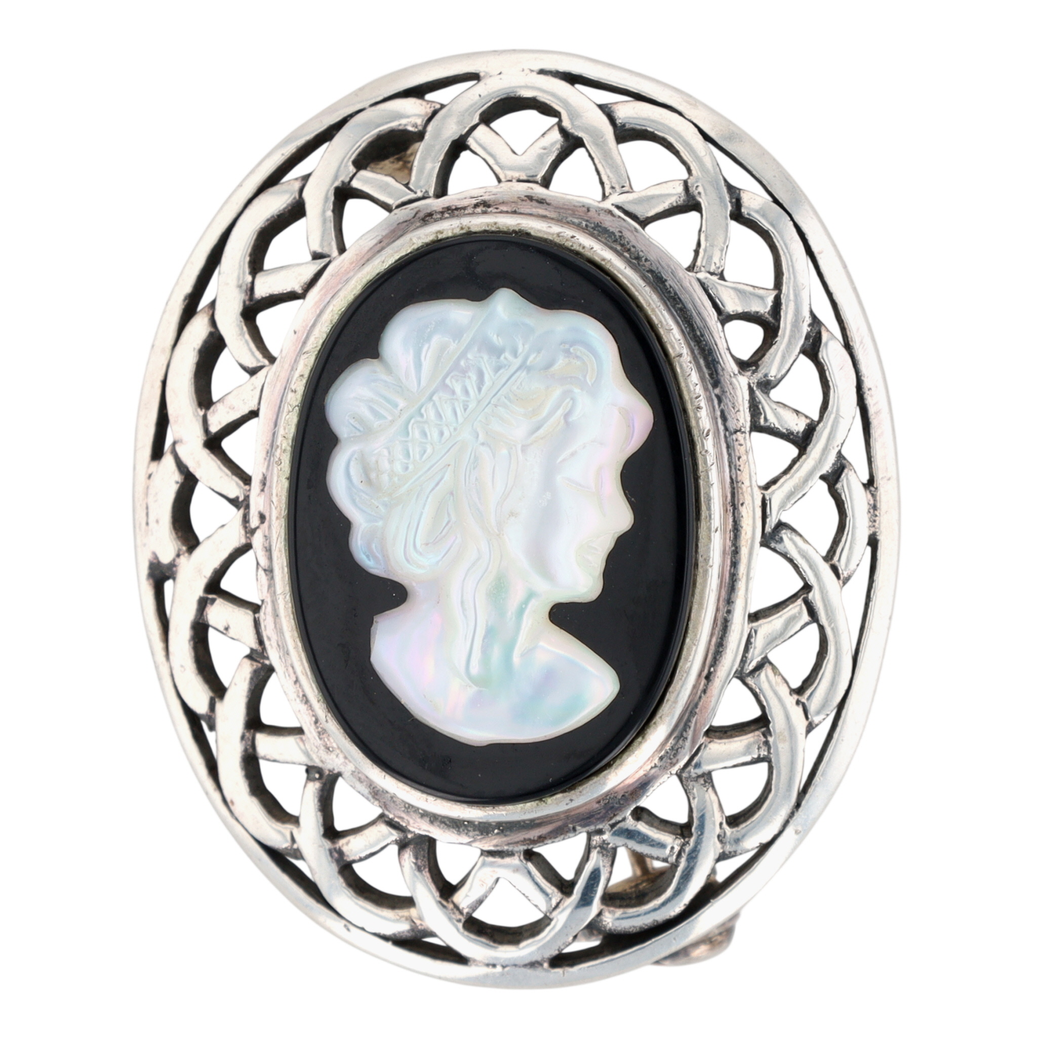 Sterling Silver Mother Of Pearl Carved Cameo Woven Brooch