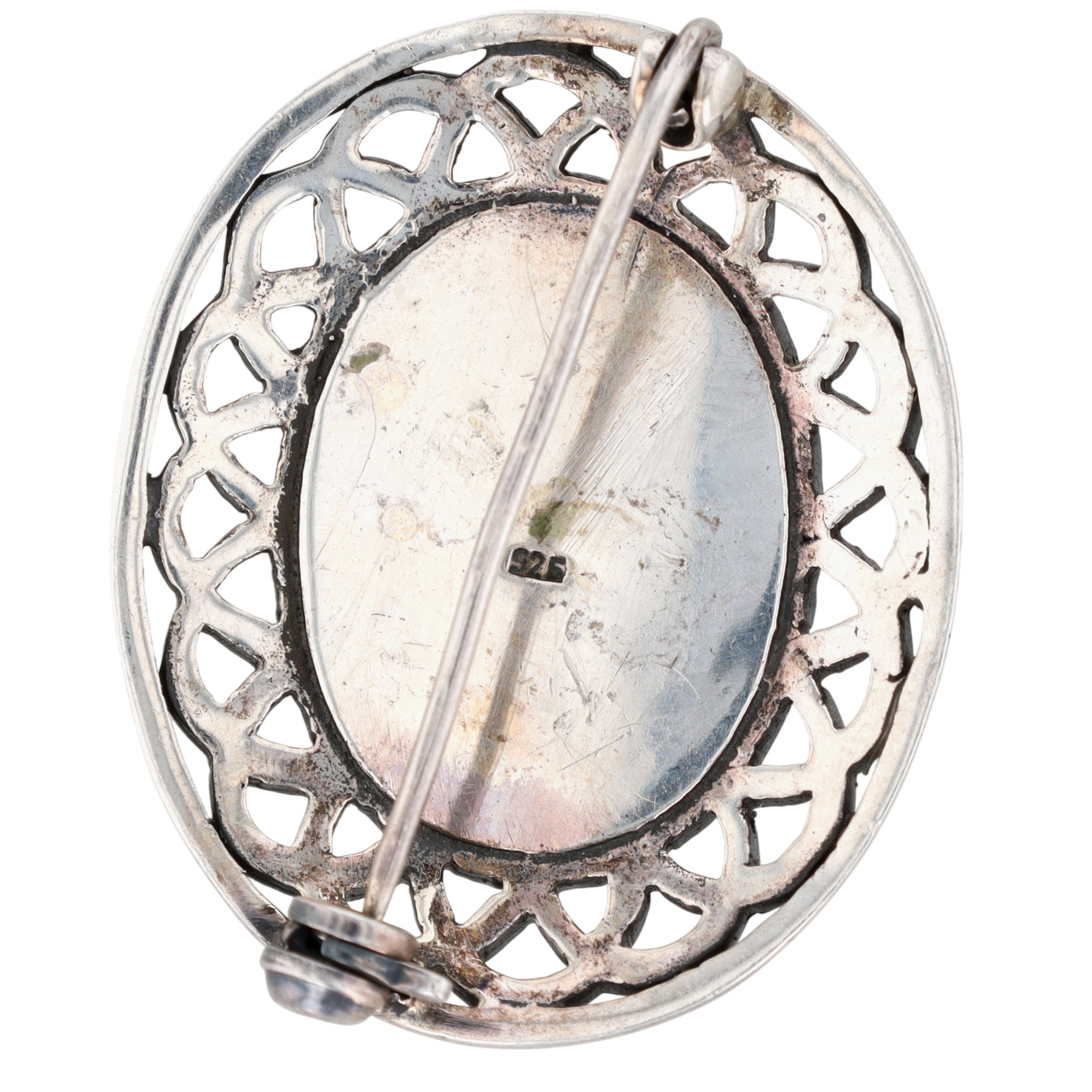 Sterling Silver Mother Of Pearl Carved Cameo Woven Brooch