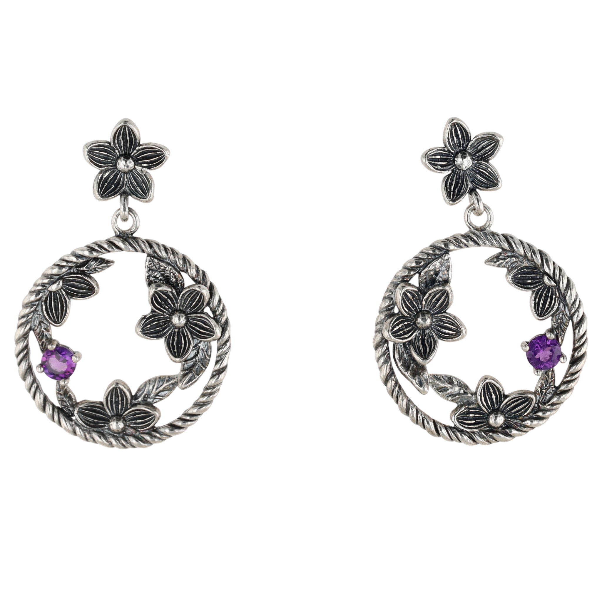 Signed Israel Sterling Silver Amethyst Floral Dangle Hoop Stud Earrings