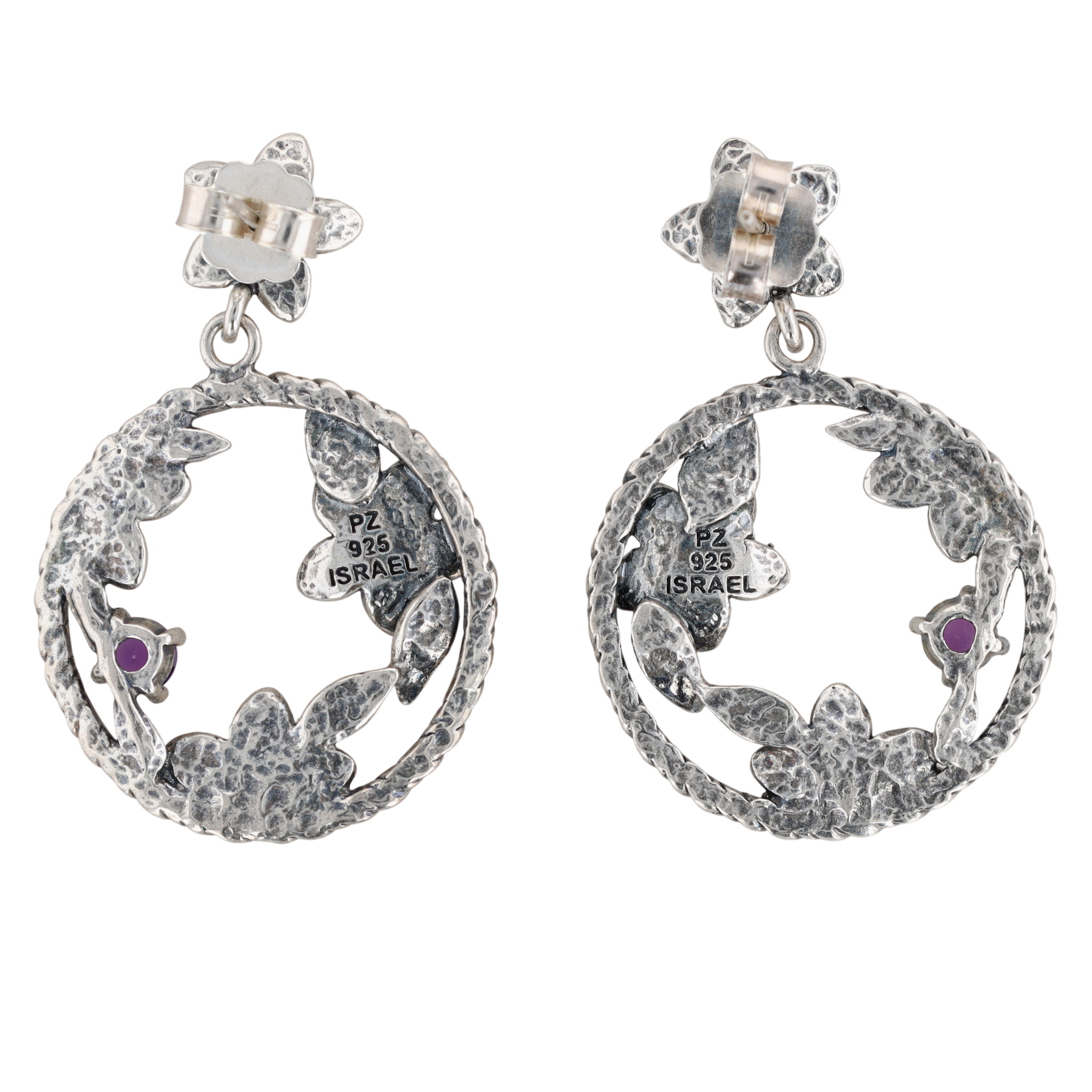 Signed Israel Sterling Silver Amethyst Floral Dangle Hoop Stud Earrings