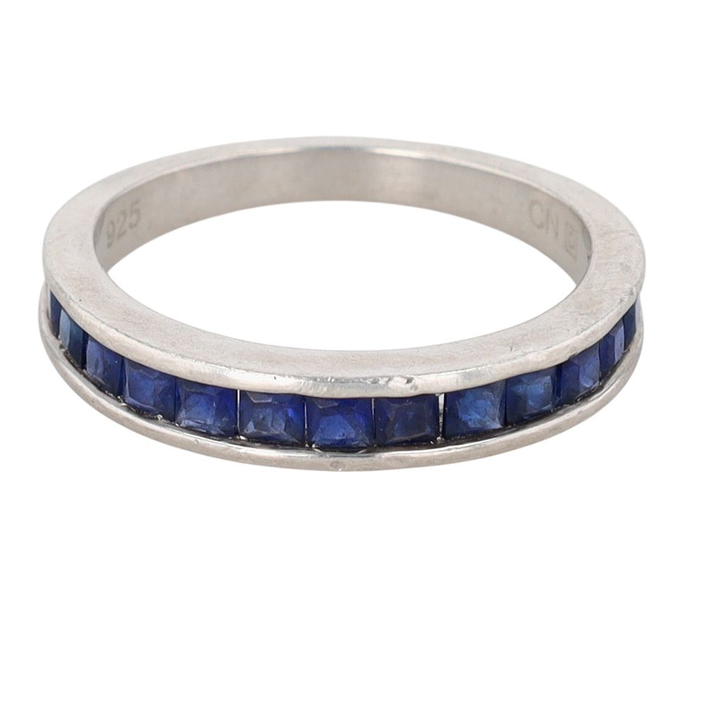 Lot 252: Signed Sterling Silver Blue Sapphire Channel Set Band Ring Size 4.5