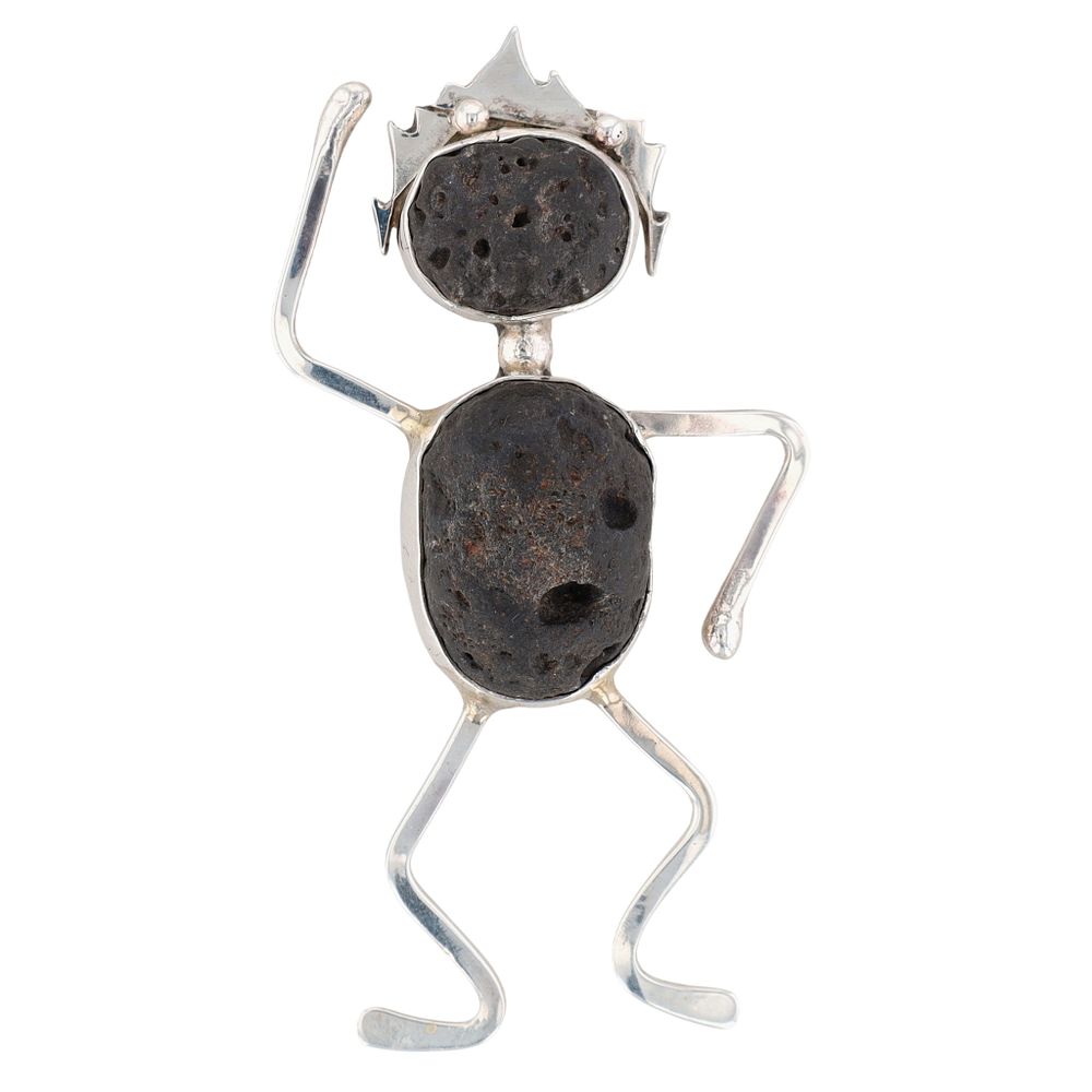 Lot 256: Signed Handmade Sterling Silver Volcanic Stone Modern Person Brooch
