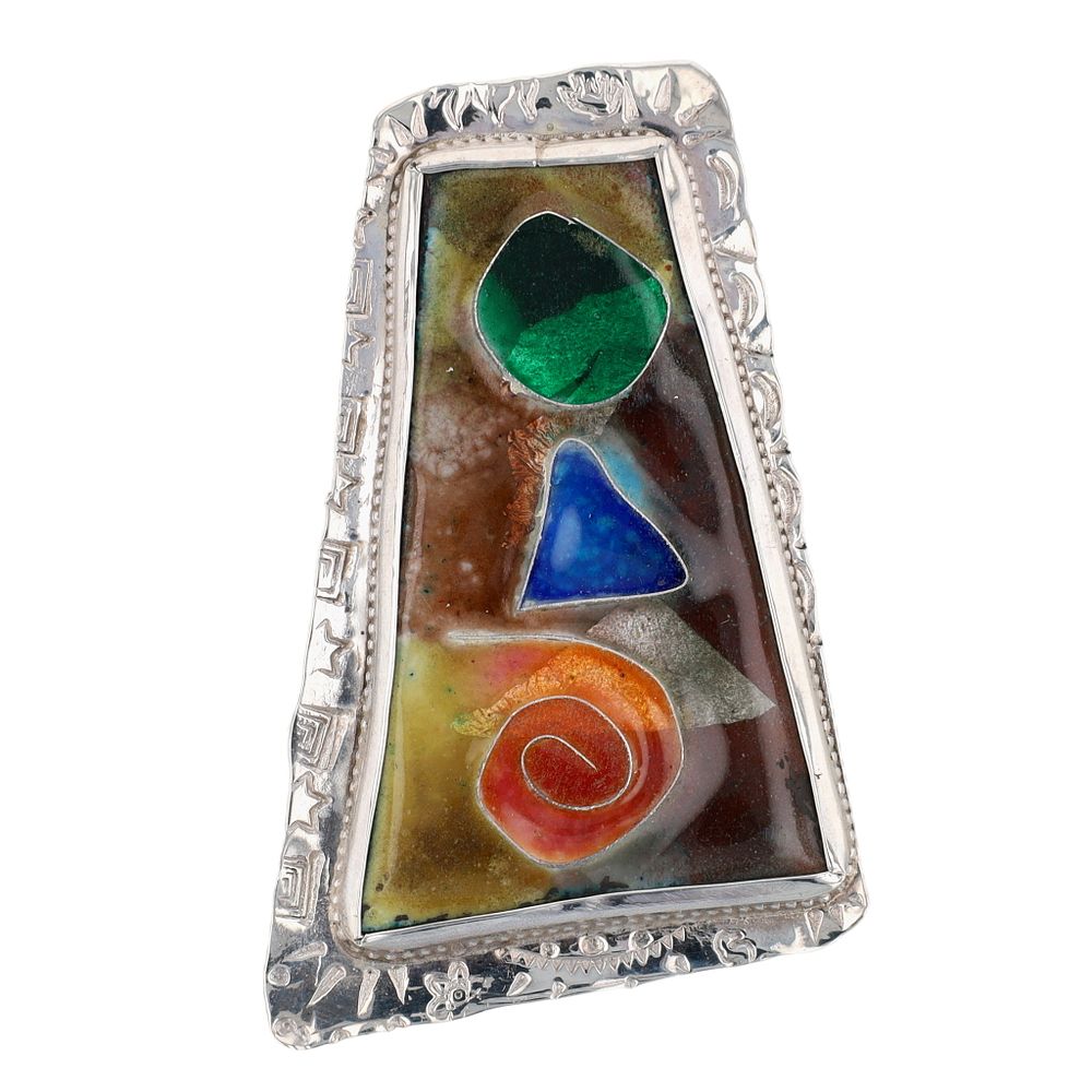 Lot 261: Dan McCann 2008 Sterling Silver Cloisonne Enamel Modern Stamped Brooch