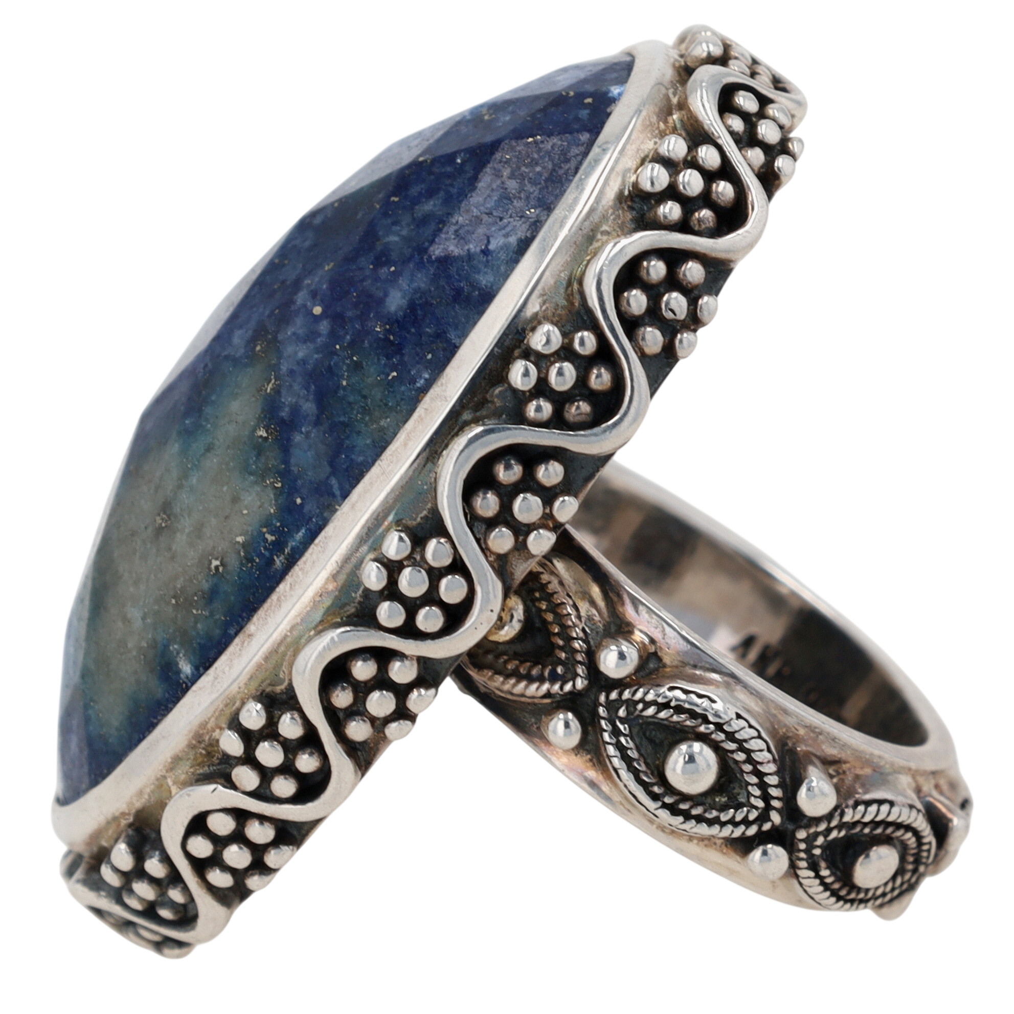 AKR Sterling Silver Faceted Sodalite Granulated Oval Statement Ring Size 6