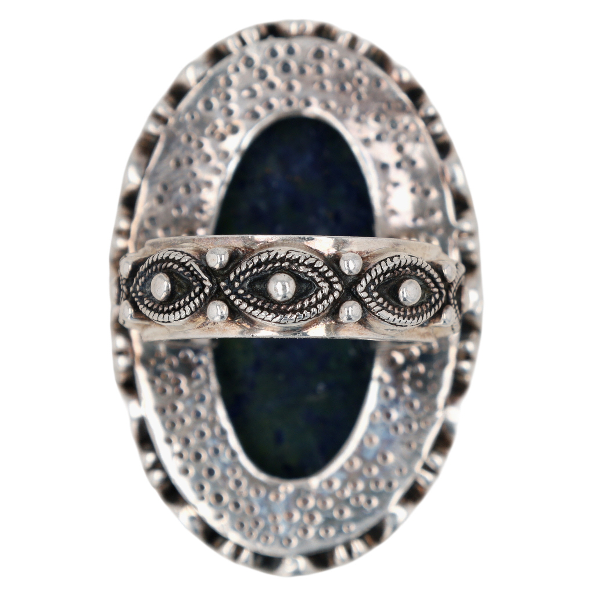 AKR Sterling Silver Faceted Sodalite Granulated Oval Statement Ring Size 6