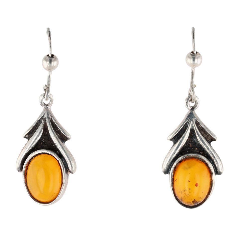 Lot 267: Signed Sterling Silver Amber Oval Dangle Earrings