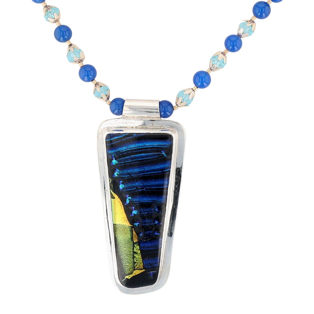 Lot 270: Signed Sterling Silver Dichroic Glass Chalcedony Rhinestone Beaded Statement Necklace