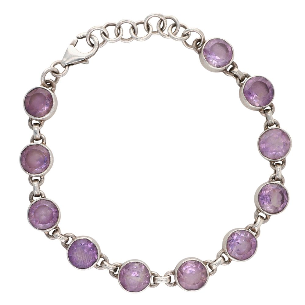 Lot 276: Sterling Silver Amethyst Round Cut Link Tennis Bracelet