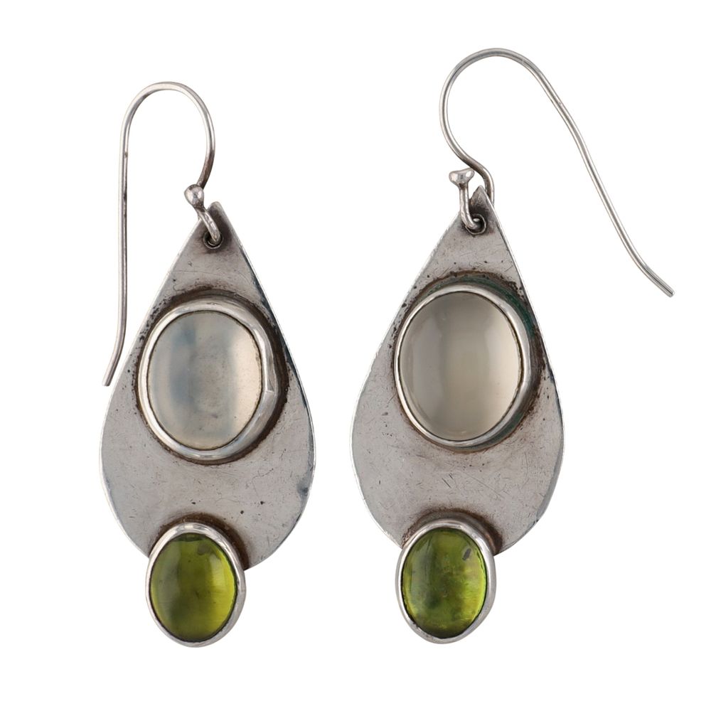 Lot 279: Handmade Sterling Silver Peridot Moonstone Modern Teardrop Dangle Earrings