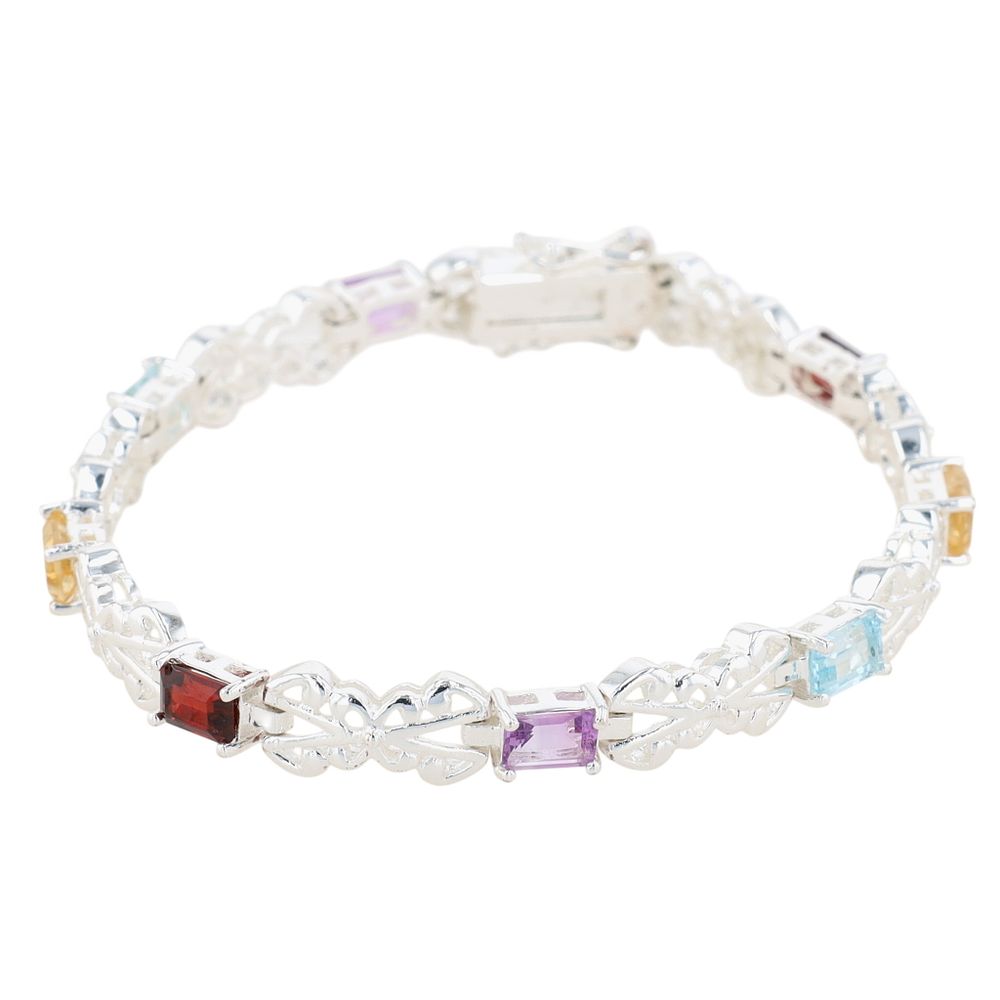 Lot 291: Signed Sterling Silver Multi Gemstone Open Link Tennis Bracelet