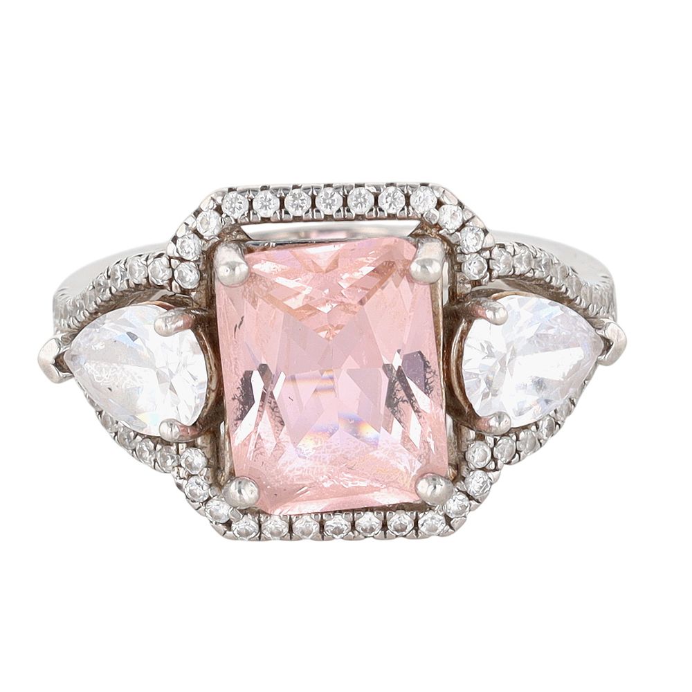 Lot 295: Signed Sterling Silver Two Tone CZ Three Stone Statement Ring Size 6