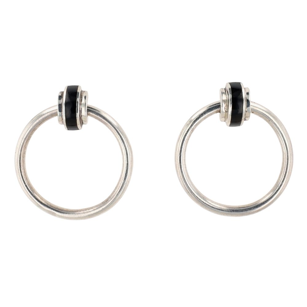 Lot 301: Sterling Silver Onyx Inlay Hollow Hoop Stud Earrings
