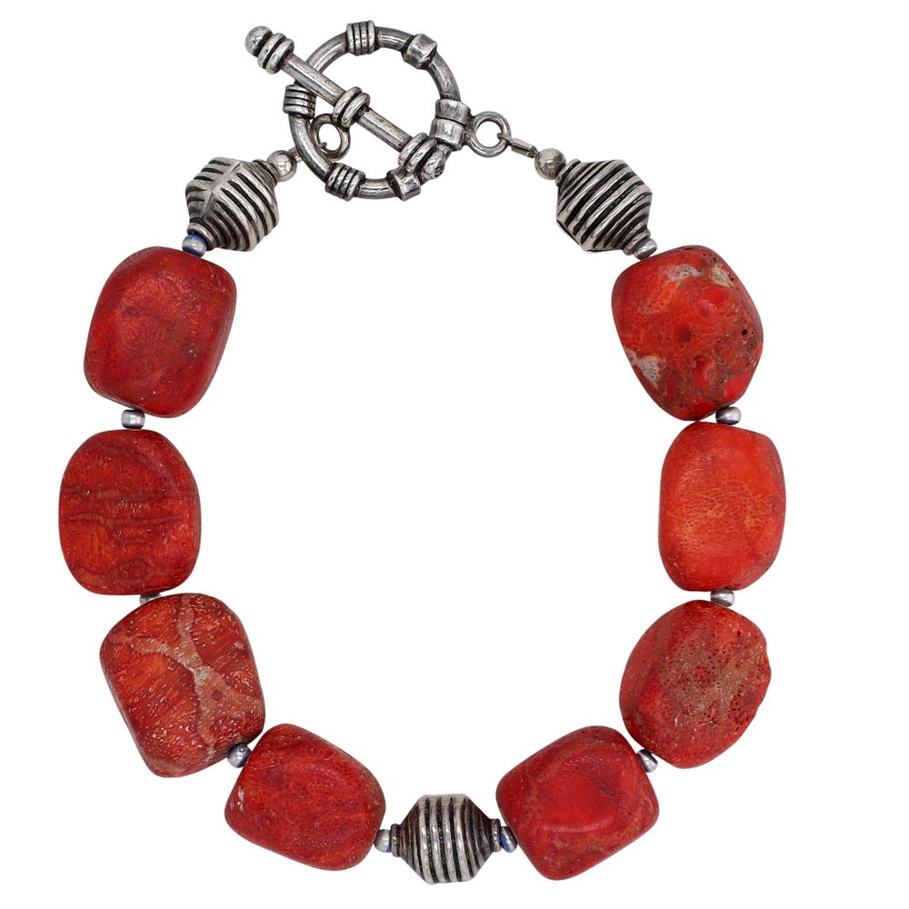Lot 303: Sterling Silver Sponge Coral Beaded Toggle Clasp Bracelet