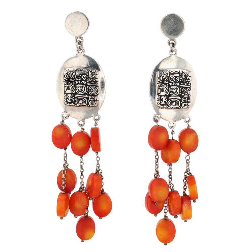 Lot 308: Sterling Silver Coral Tile Stud Fringe Stud Earrings