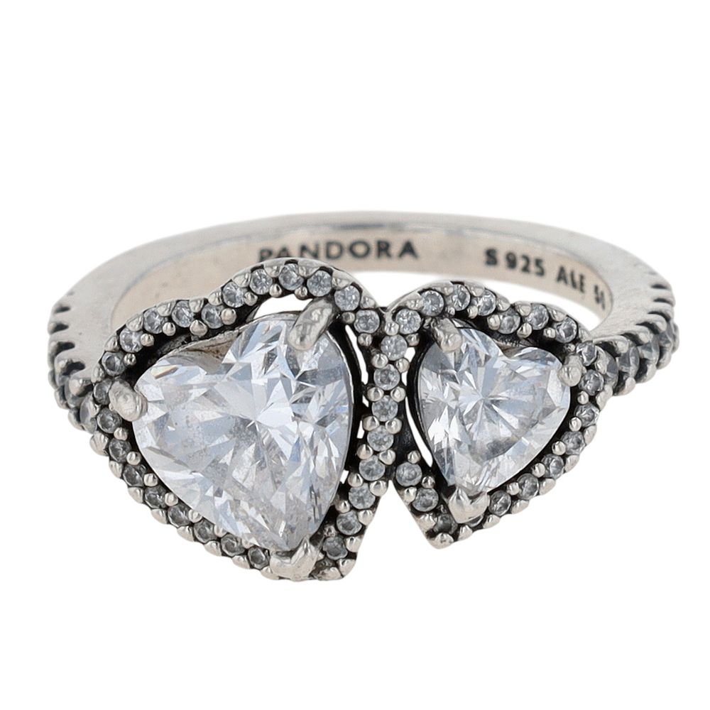 Lot 322: Pandora Sterling Silver CZ Double Halo Heart Ring Size 5