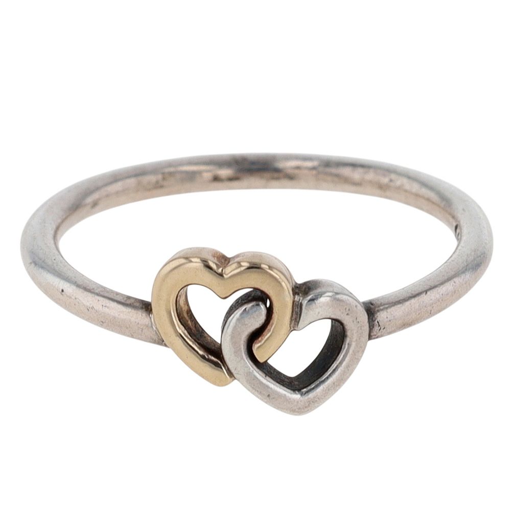 Lot 323: Pandora Sterling Silver Gold Over Detail Double Heart Ring Size 6