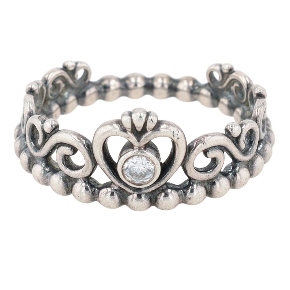 Lot 326: Pandora Sterling Silver CZ Heart Tiara Bead Ring Size 6