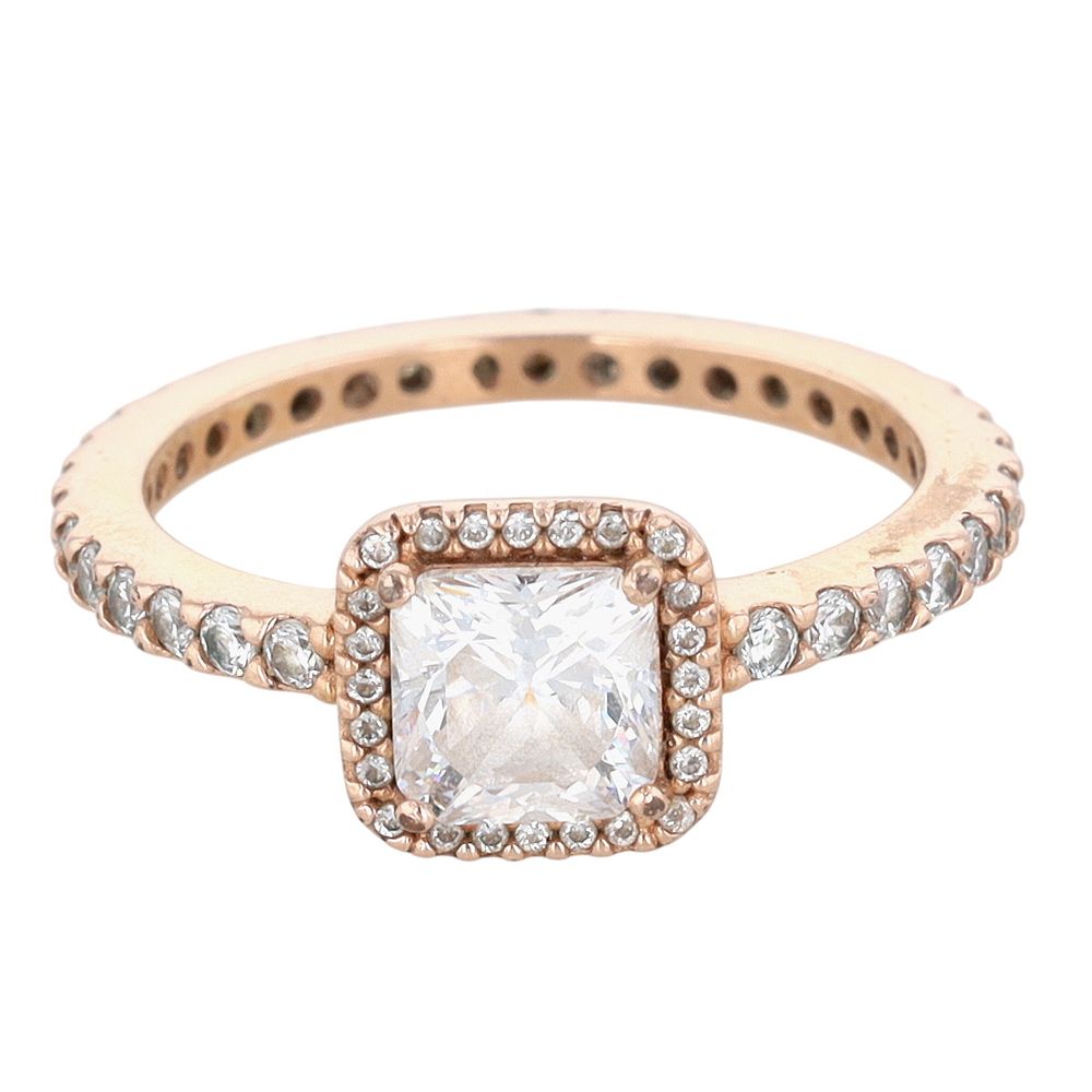 Lot 327: Pandora Rose Gold Over Sterling Silver CZ Halo Ring Size 6.25