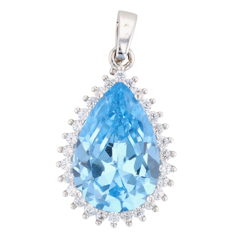 Lot 330: Tova Sterling Silver Blue Topaz CZ Pear Cut Halo Pendant