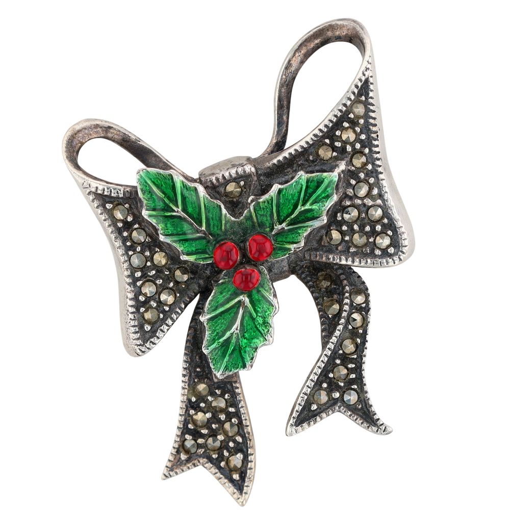 Lot 335: Judith Jack Sterling Silver Marcasite Enamel Holly Bow Brooch
