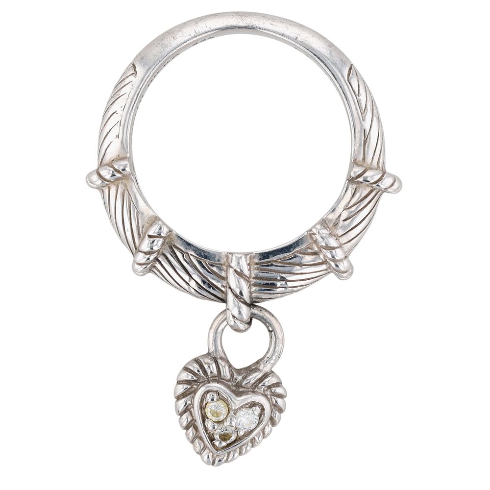 Lot 338: Judith Ripka Sterling Silver CZ Heart Lock Dangle Ring Size 6