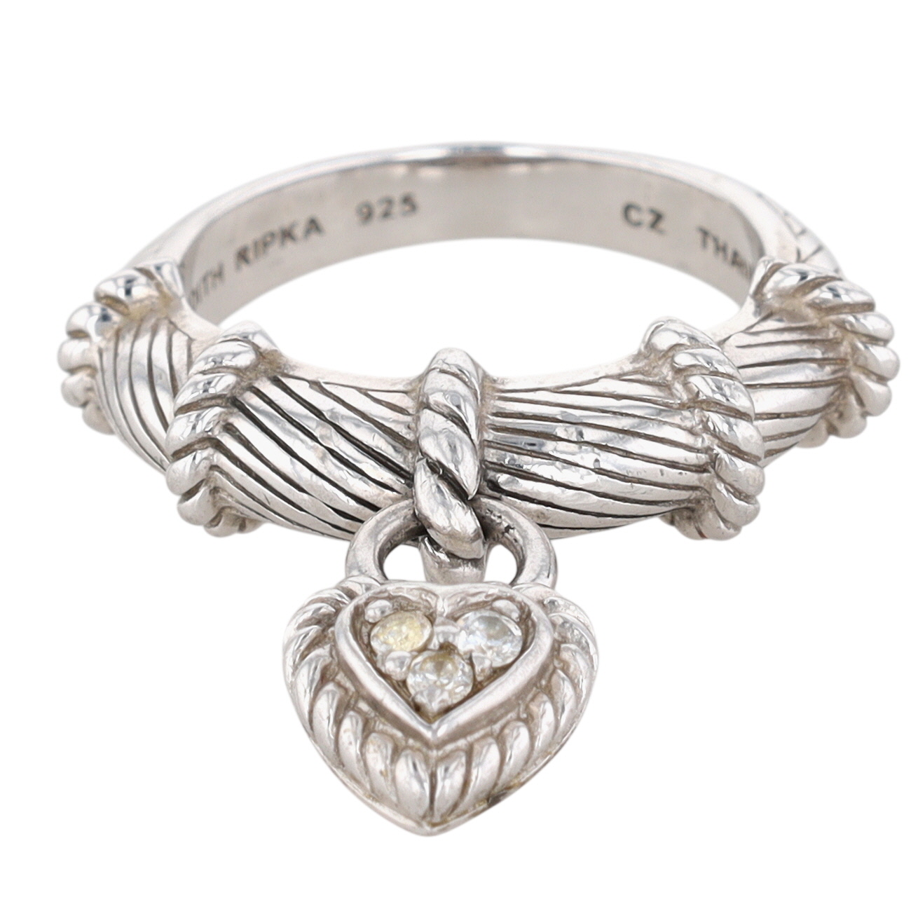 Judith Ripka Sterling Silver CZ Heart Lock Dangle Ring Size 6