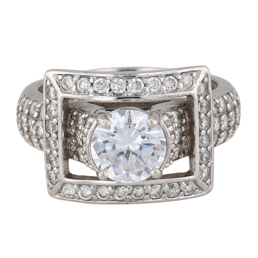 Lot 346: Jose Hess Sterling Silver CZ Rectangle Halo Solitaire Ring Size 7