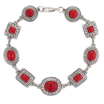 Signed Southwest Style Sterling Silver Coral Alternating Link Bracelet. Signed Southwest Style 
